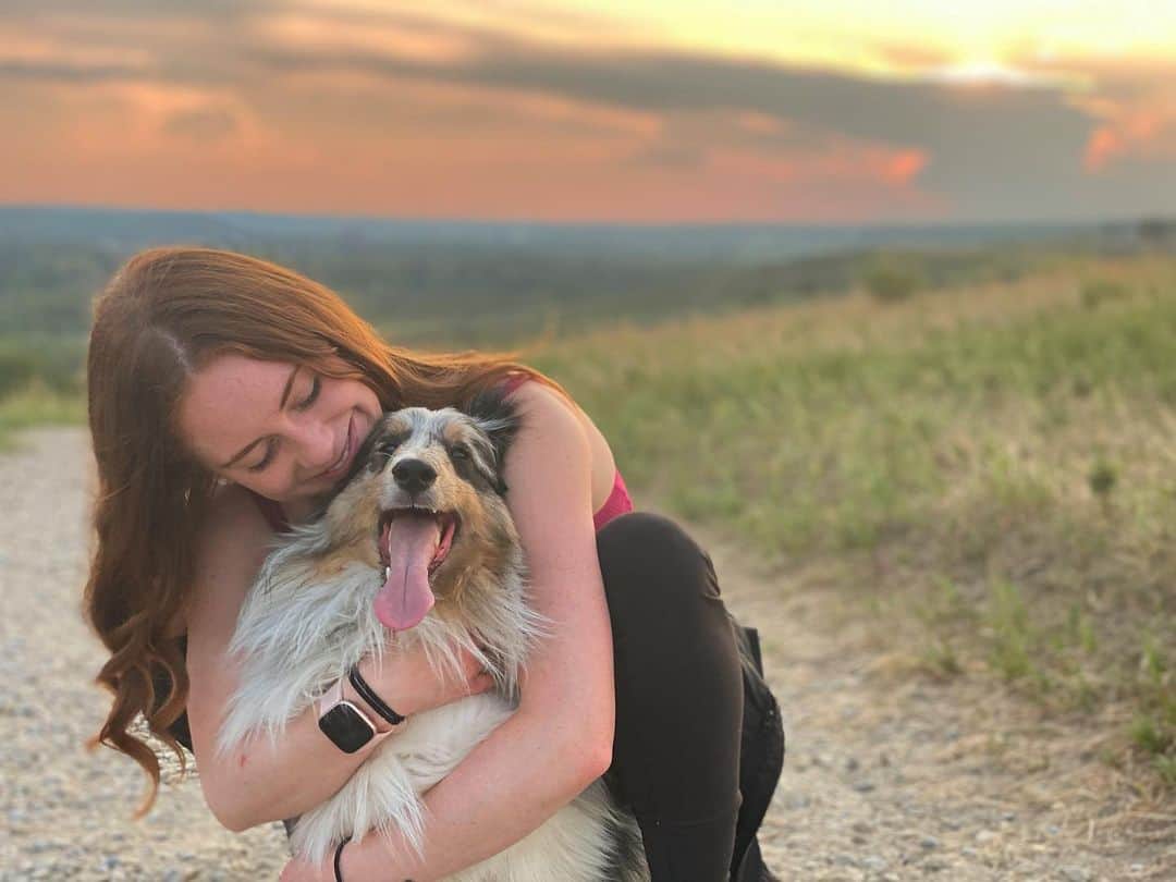 ナターシャ・ピュリッチのインスタグラム：「Monday night chasing sunsets with my best boy. Couldn't ask for more💜🐾  #thelittlethings #totobean #yycdogs #sheltieofinstagram #albertalivin」
