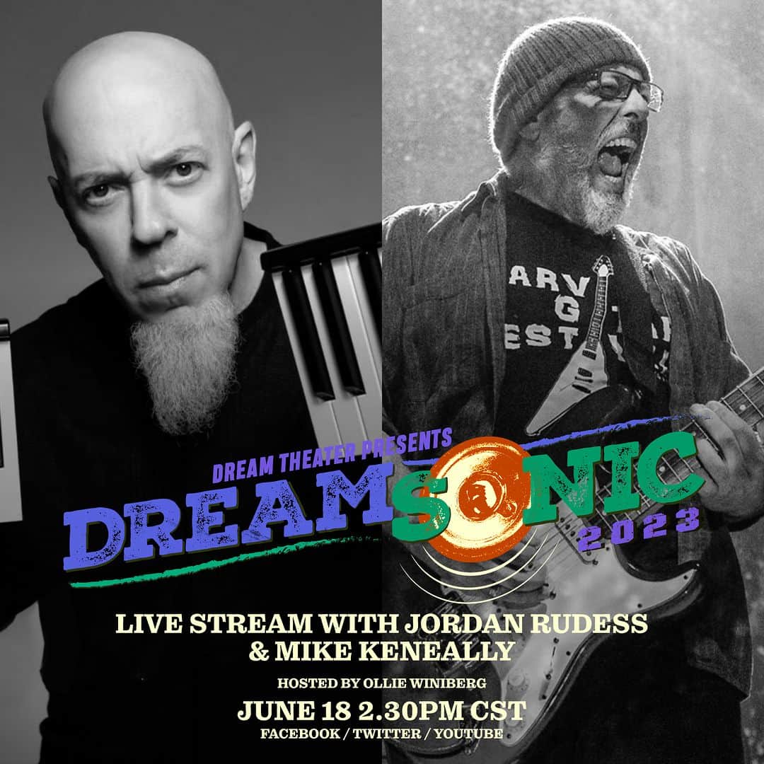 ドリーム・シアターのインスタグラム：「On June 18 at 2.30pm CST, join @jcrudess and @mikekeneally live on the DT YouTube channel as they talk all things DREAMSONIC 2023 with host @olliewiniberg! Get tickets for Dreamsonic 2023 at dreamsonic.com!」