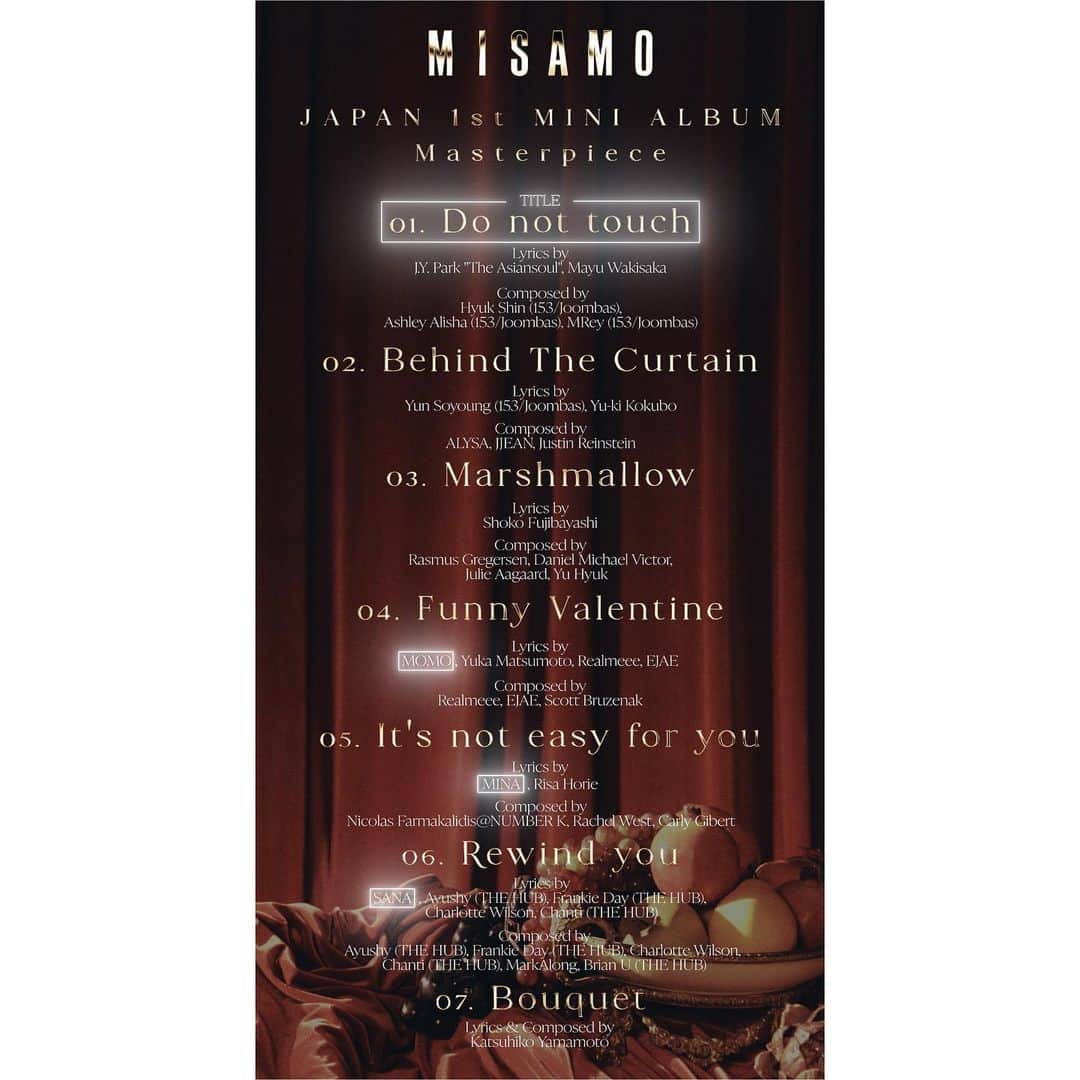 TWICE JAPANさんのインスタグラム写真 - (TWICE JAPANInstagram)「MISAMO JAPAN 1st MINI ALBUM『Masterpiece』   2023.07.26 Release   Tracklist 💿   #Masterpiece #MISAMO #TWICE」6月14日 0時03分 - jypetwice_japan