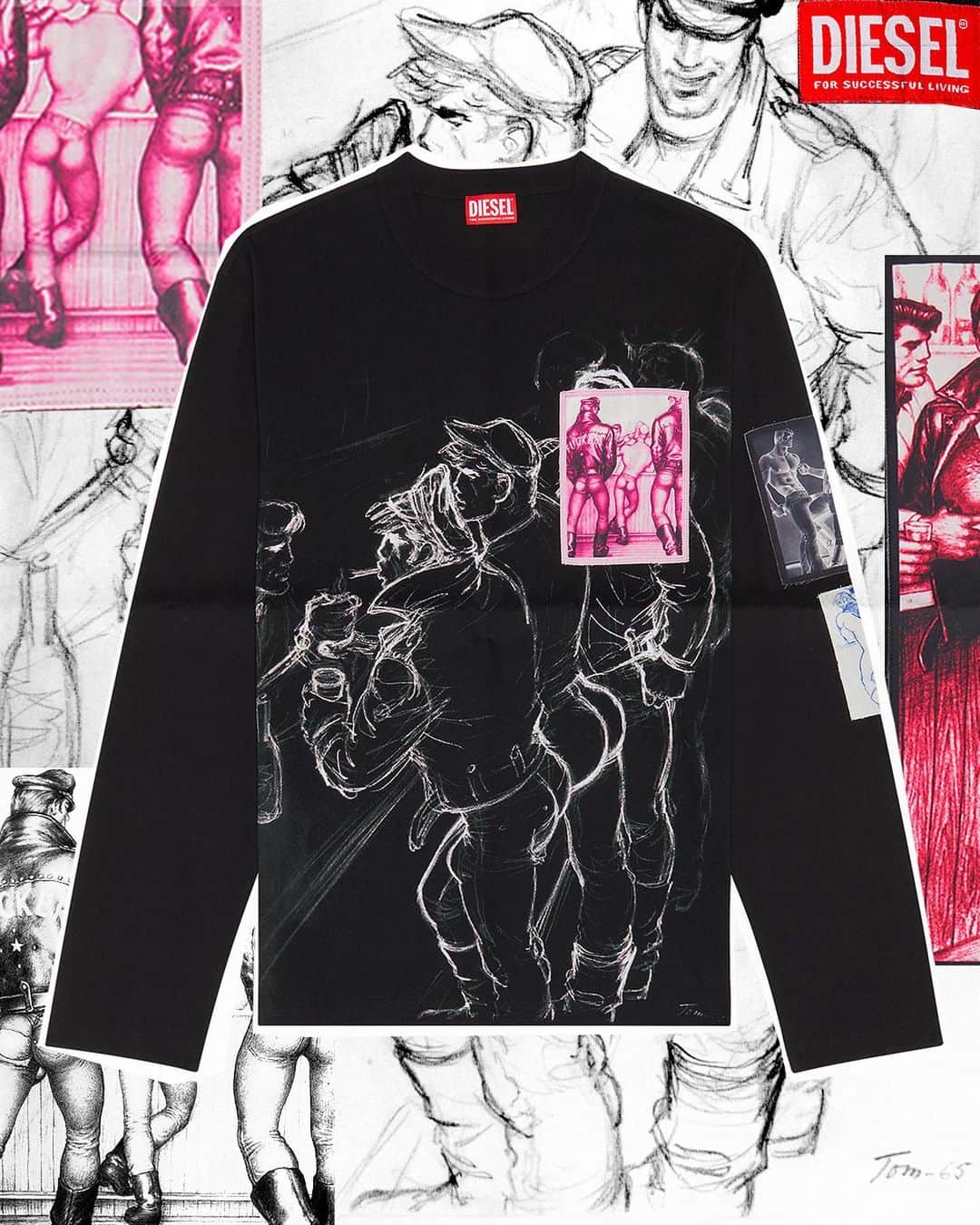 ディーゼルのインスタグラム：「Express yourself.   The Diesel x @tomoffinlandfoundation capsule collection for Pride 2023 features works by artists from the Tom of Finland Foundation archive who were essential to New York City’s gay community in the 1980s. Michael Mitchell’s pin-ups and Tom of Finland’s leather bar drawings are printed on T-shirts, hoodies and more.   To accompany the capsule and spotlight New York’s highly influential role in LGBTQIA+ rights, #TheAllTogetherClubhouse, an exhibition of Tom Of Finland Foundation art and events curated by @thecommunityparis, is open June 21-25 at 9 W. 8th St. in NYC.  Photographer: @lukeabby Styling: @mal.co.lm   Learn more at the link in bio.   #ForSuccessfulLiving #AllTogetherShow」