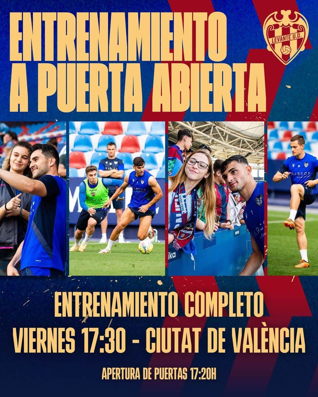 レバンテUDのインスタグラム：「¡Ven al Ciutat de València a presenciar de manera íntegra el entrenamiento del viernes!   #LevanteAlavés 🔛  • @grupomarcosautomocion @macron @sesderma @baleariaferry @amstel_es @cocacola_esp」