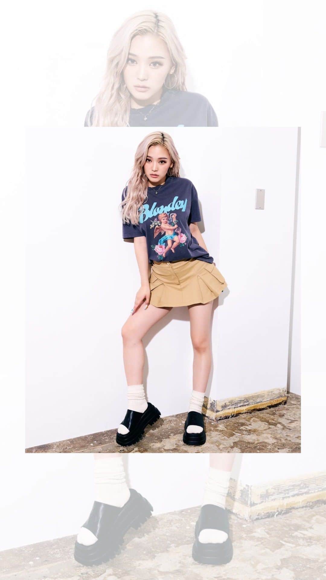 nutsのインスタグラム：「𝗕𝗟𝗢𝗡𝗗𝗘𝗬 × 𝗻𝘂𝘁𝘀 @blondey_official   ビンテージライク グラフィックTシャツ ￥4,400  カーゴミニスカート ￥5,500  Model @seika____official   Photographer @yutomono9   Hairmake @toyoda_madoka」