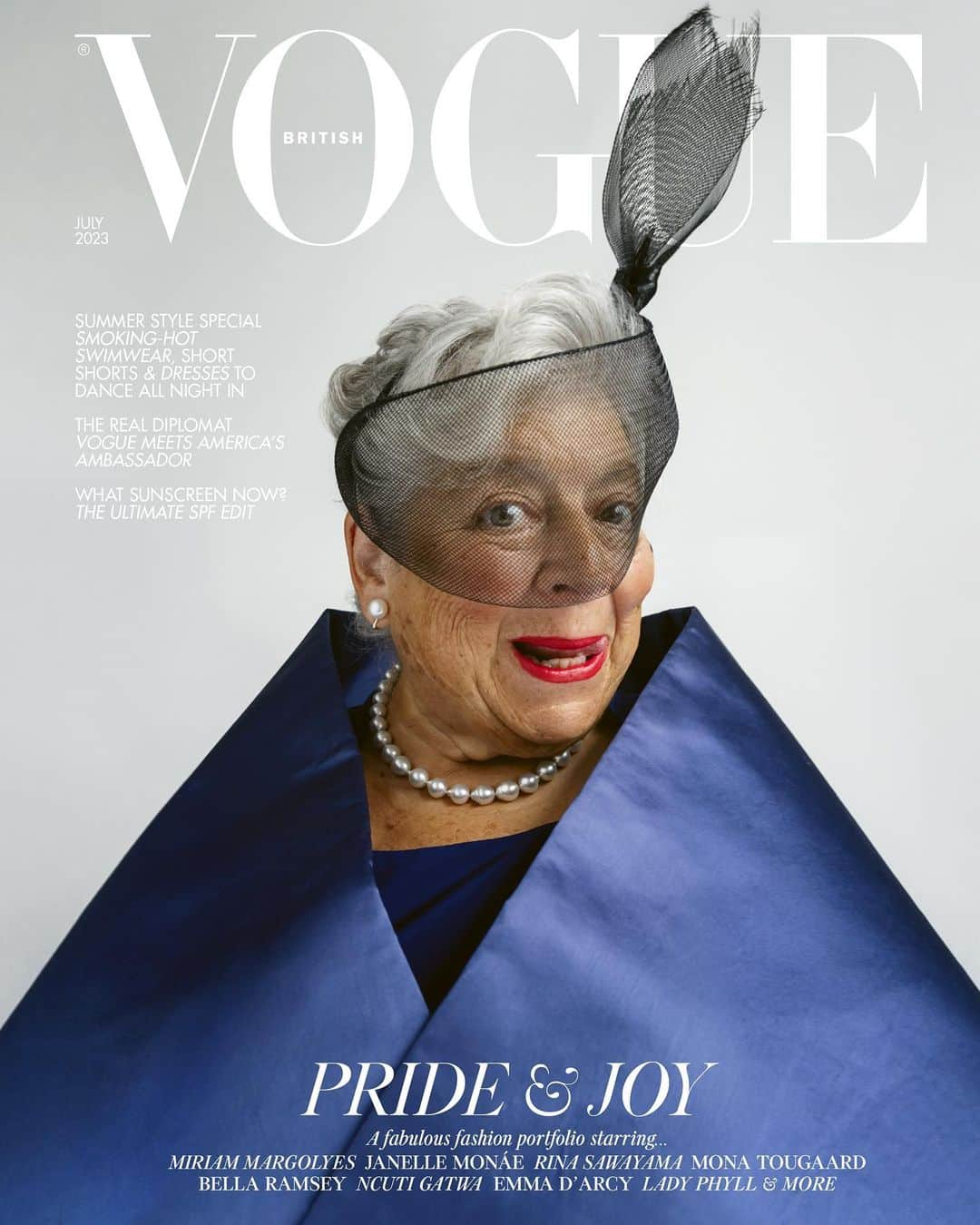 British Vogueさんのインスタグラム写真 - (British VogueInstagram)「#Pride and joy abound in the July 2023 issue of #BritishVogue, with Tim Walker capturing a shimmering army of LGBTQ+ pioneers, from pop sensations to pensioners, models to movie stars, who share their stories of style, self-discovery and expression. First up, actor and raconteur Miriam Margolyes, who makes her Vogue cover debut at 82. Click the link in bio to read the profile in full, and see the full story in the new issue, on newsstands Tuesday 20 June.  #MiriamMargolyes wears a custom-made wrap and dress by @Galedi_London, headband by @Hood_London, earrings by @Coleman_Douglas_Pearls and necklace by @YokoLondonPearls, photographed by #TimWalker and styled by @KPhelan123, with hair by @AliPirzadeh, make-up by @BeaSweetBeauty, nails by @Simmy_NailsAndBeauty, set design by @MigsBento and production by @Zoe_Wassall at @GreatSouthernProductions, with thanks to @GeorgeN49.  [Image Description: Image shows Miriam Margolyes, a white woman with silver hair, on the cover of British Vogue. She is visible from the waist up, wearing a blue wrap over a black dress, a pearl necklace and a black sheer headpiece that covers her eyes. She is smiling into the camera. Above her head, the Vogue logo in big white letters. The cover also reads: “Pride & Joy.“]」6月13日 22時00分 - britishvogue