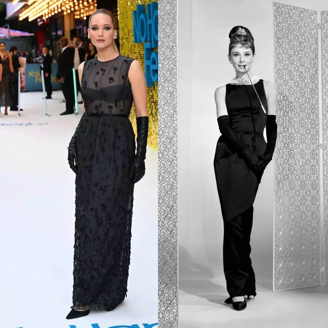 Vogue Españaのインスタグラム：「¿Cómo sería hoy en día el icónico vestido de Audrey Hepburn en 'Desayuno con diamantes'? Jennifer Lawrence respondió a la pregunta en la presentación de su nueva película 'No hard feelings'. En su caso, se trata de un diseño de la colección otoño-invierno 2023 de @dior. {Todo sobre su último look en el link de la bio} ▪️Texto: @nurialuis_」