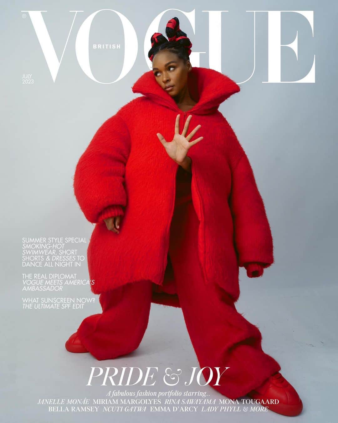 British Vogueさんのインスタグラム写真 - (British VogueInstagram)「“Nothing about me speaks to binary,” cover star @JanelleMonae tells @Amel.Mukhtar in the July 2023 issue of #BritishVogue. “I listened to my spirit and my spirit was screaming, ’You are a free-ass mothaf**ka!’” It’s precisely that attitude – and intoxicating energy – that the multitalented powerhouse is bringing to her next creative chapter, one that encompasses both music and film projects. Click the link in bio to read the profile in full, and find the Pride special in the new issue, on newsstands Tuesday 20 June.  #JanelleMonáe wears all @Marni, photographed by #TimWalker and styled by @KPhelan123, with hair by @AliPirzadeh, make-up by @TerryBarberOnBeauty, nails by @Simmy_NailsAndBeauty, set design by @MigsBento and production by @Zoe_Wassall at @GreatSouthernProductions.  [Image Description: Image shows Janelle Monáe, a Black queer actor with black braids, on the cover of British Vogue dressed all in red including an exaggerated puffer coat. She is standing against a grey backdrop with her left foot forward, with her left hand splayed out towards the camera, and her head tilted to the right. Above her head, the Vogue logo in big white letters. The cover also reads: “Pride & Joy.“]」6月13日 22時16分 - britishvogue