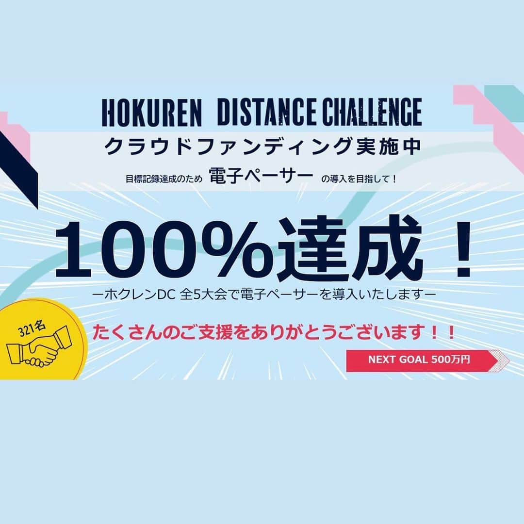 のインスタグラム：「【#ホクレンDC】  ㊗️㊗️㊗️300万円達成㊗️㊗️㊗️  /／ 全5大会で電子ペーサー 導入が決定しました‼️‼️ 🚨🏃🏃🏃🏃🏃✨✨ \＼  ﾟ･*.✿*たくさんのご支援 　　　ありがとうございます*✿.*･ﾟ  https://readyfor.jp/projects/distance2023  #クラウドファンディング #クラファン #ホクレンディスタンスチャレンジ #ホクレンファミリー」