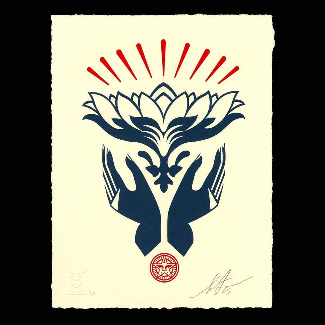 Shepard Faireyさんのインスタグラム写真 - (Shepard FaireyInstagram)「NEW Letterpress Release: Lotus Hands (Two Colorways: Teal & Red) Available Thursday, June 15th @ 10 AM PDT.⁠ ⁠ The lotus, a symbol of harmony, unity, and triumph over adversity, is a recurrent motif in my work. I see the lotus as a powerful metaphor because it is a beautiful flower that grows out of the mud. The hands elevating the lotus represent the pursuit of harmony with each other and and the planet. A portion of proceeds from this print will support @greenpeaceusa’s efforts to fight for a healthy planet.⁠ –Shepard⁠ ⁠ PRINT DETAILS:⁠ Lotus Hands (Two Colorways: Teal & Red). A limited amount of matching numbered sets will be available for $130. 9 x 12 inches. Letterpress on cream cotton paper with hand-deckled edges. Signed by Shepard Fairey. Numbered edition of 250. Comes with a Digital Certificate of Authenticity provided by Verisart. $65. Proceeds go to Greenpeace USA. Obey publishing chop in lower left corner. Available on Thursday, June 15th @ 10 AM PDT at https://store.obeygiant.com. Max order: 1 per customer/household. International customers are responsible for import fees due upon delivery (Except UK orders under $160).⁣ ALL SALES FINAL.」6月14日 2時06分 - obeygiant