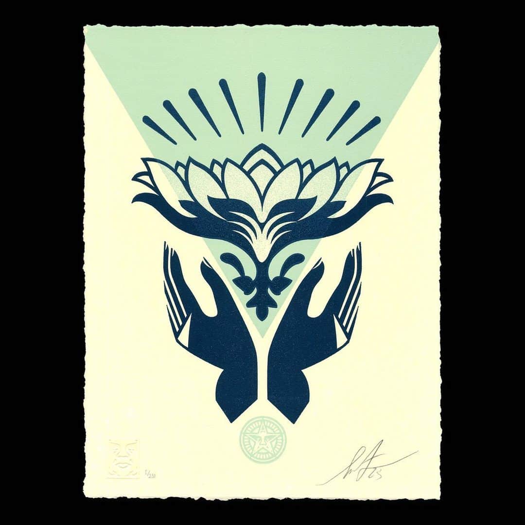 Shepard Faireyのインスタグラム：「NEW Letterpress Release: Lotus Hands (Two Colorways: Teal & Red) Available Thursday, June 15th @ 10 AM PDT.⁠ ⁠ The lotus, a symbol of harmony, unity, and triumph over adversity, is a recurrent motif in my work. I see the lotus as a powerful metaphor because it is a beautiful flower that grows out of the mud. The hands elevating the lotus represent the pursuit of harmony with each other and and the planet. A portion of proceeds from this print will support @greenpeaceusa’s efforts to fight for a healthy planet.⁠ –Shepard⁠ ⁠ PRINT DETAILS:⁠ Lotus Hands (Two Colorways: Teal & Red). A limited amount of matching numbered sets will be available for $130. 9 x 12 inches. Letterpress on cream cotton paper with hand-deckled edges. Signed by Shepard Fairey. Numbered edition of 250. Comes with a Digital Certificate of Authenticity provided by Verisart. $65. Proceeds go to Greenpeace USA. Obey publishing chop in lower left corner. Available on Thursday, June 15th @ 10 AM PDT at https://store.obeygiant.com. Max order: 1 per customer/household. International customers are responsible for import fees due upon delivery (Except UK orders under $160).⁣ ALL SALES FINAL.」