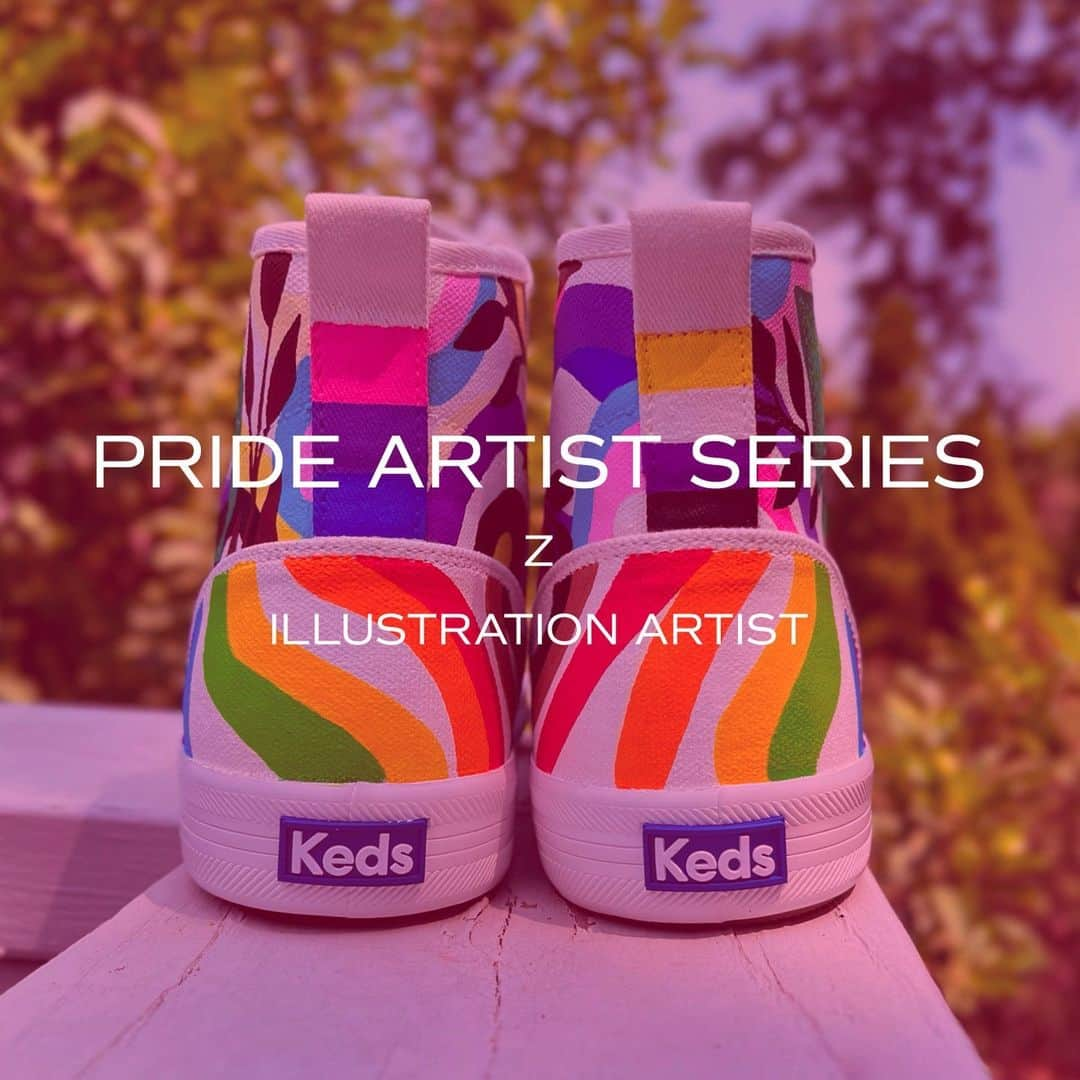 Kedsのインスタグラム：「Z (they/them) is a queer artist based in Saint Paul, Minnesota. Z’s art spans from digital art prints, hand drawn totes, paintings, stickers, and now, sneakers! Z is passionate about creating art that could be the LGBTQIA+ representation someone may be in search of. They paint plants and colorful cats, making what brings them the most joy.  Here’s what Z (@zt.draws) had to say about what #Pride means to them, “Being able to grow and thrive, without needing to censor any part of myself.”  *This is a safe space where everyone is celebrated for their unique identity and style. We welcome comments that support our community and encourage positive discussion. Anything disrespectful will be deleted.*」