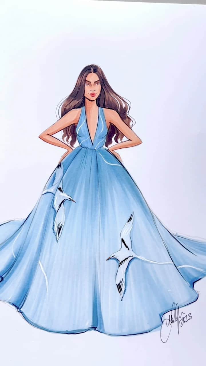 Holly Nicholsのインスタグラム：「Bermuda Longtail dress 🇧🇲🥰 @princessbermuda 💕 #fashionillustration #asmr #copicmarkers #bermuda #illustration #princessbermuda」