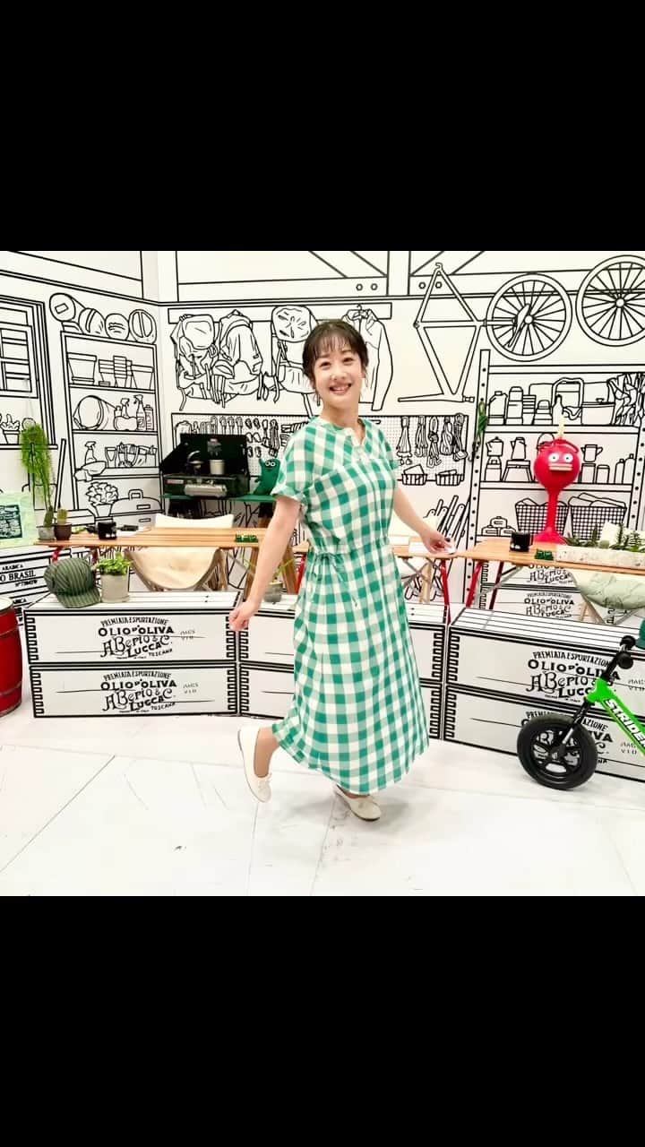 川島恵のインスタグラム：「6月10(土)は緑のギンガムチェックワンピース👗 どようだよ^_^公式Instagramにもアップしています！ ご覧ください😉 ・ #つづくさんのどようだよ #どようだよ #衣装 #番組衣装 #衣装協力 #ワンピース」