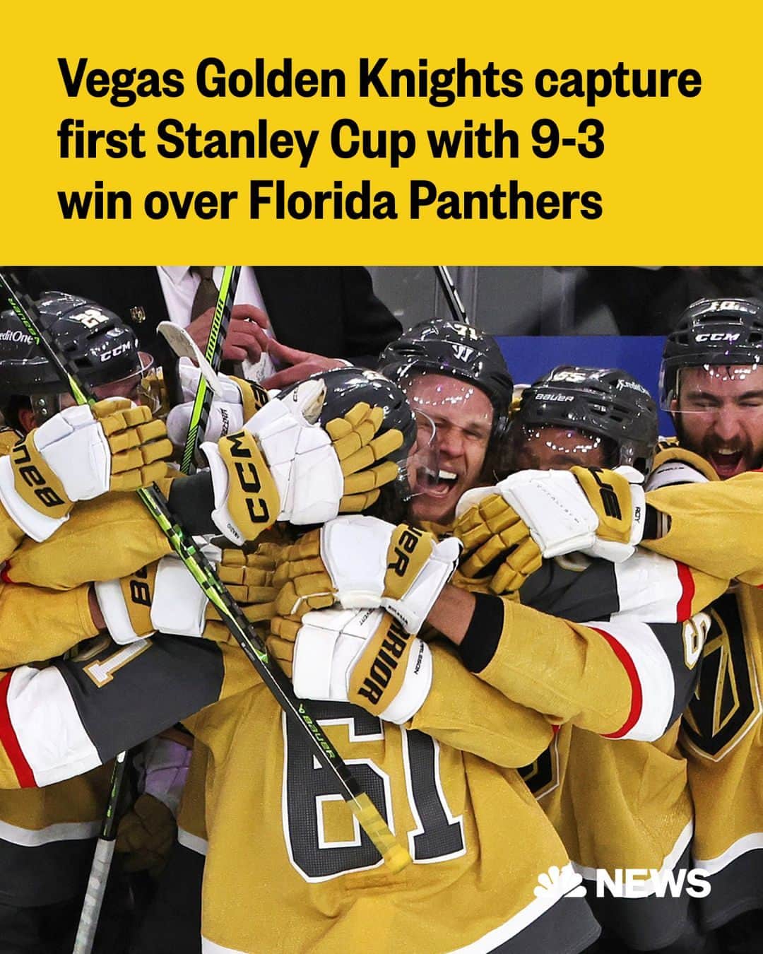 NBC Newsさんのインスタグラム写真 - (NBC NewsInstagram)「The Golden Knights delivered their city a true Vegas-style party from dazzling passes to Mark Stone’s hat trick to all-out goal celebrations, capturing the young organization’s first Stanley Cup with a 9-3 romp over the beaten up and exhausted Florida Panthers on Tuesday night.  Coach Bruce Cassidy, in a nod to the Knights’ brief history, started five of the original Vegas players known as the Misfits and put the sixth on the second shift. Cassidy sounded confident the day before the game that his team would play well, and it certainly did, blowing open a one-goal game in the second period to lead 6-1.  Vegas closed out the series in five games to win the cup before a delirious franchise-record crowd of 19,058 at T-Mobile Arena that drowned out the pregame introductions of forward Jonathan Marchessault and goalie Adin Hill and cheered all the way through the final buzzer.  Click the link in our bio to read more.」6月14日 12時25分 - nbcnews