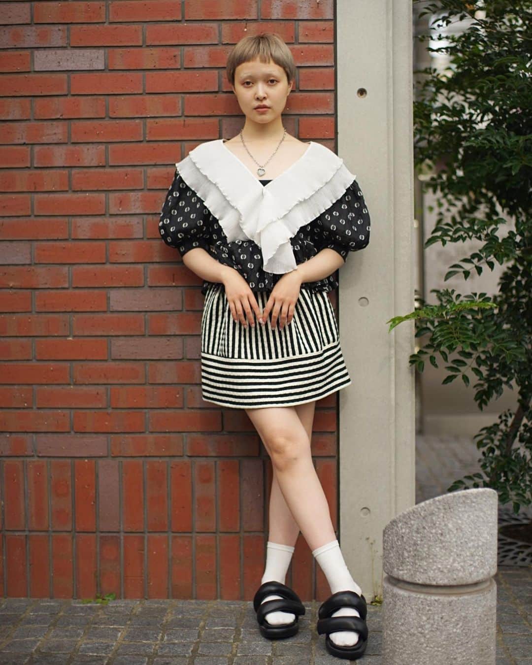 PUNK CAKEのインスタグラム：「🖤 NEW ARRIVAL 🖤 ☑︎ SISTER JANE big collar dot blouse【SOLD】 ☑︎ Stripe border flare mini skirt  Now on sale ➡︎ ONLINE STORE   model / @momooka_koyoi」