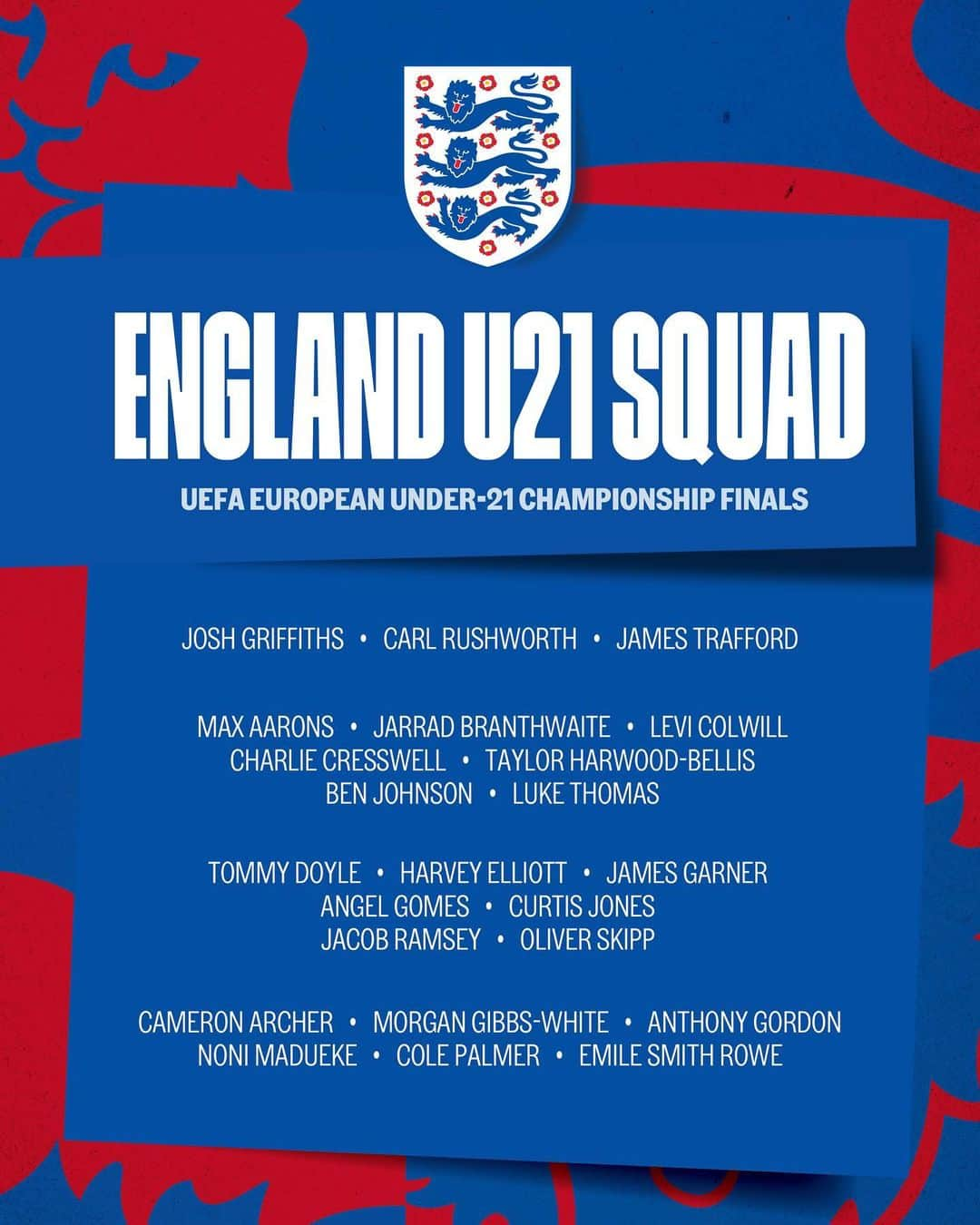 サッカー イングランド代表チームさんのインスタグラム写真 - (サッカー イングランド代表チームInstagram)「Confirmed: your #YoungLions squad for the #U21EURO finals! 🏴󠁧󠁢󠁥󠁮󠁧󠁿」6月14日 17時59分 - england