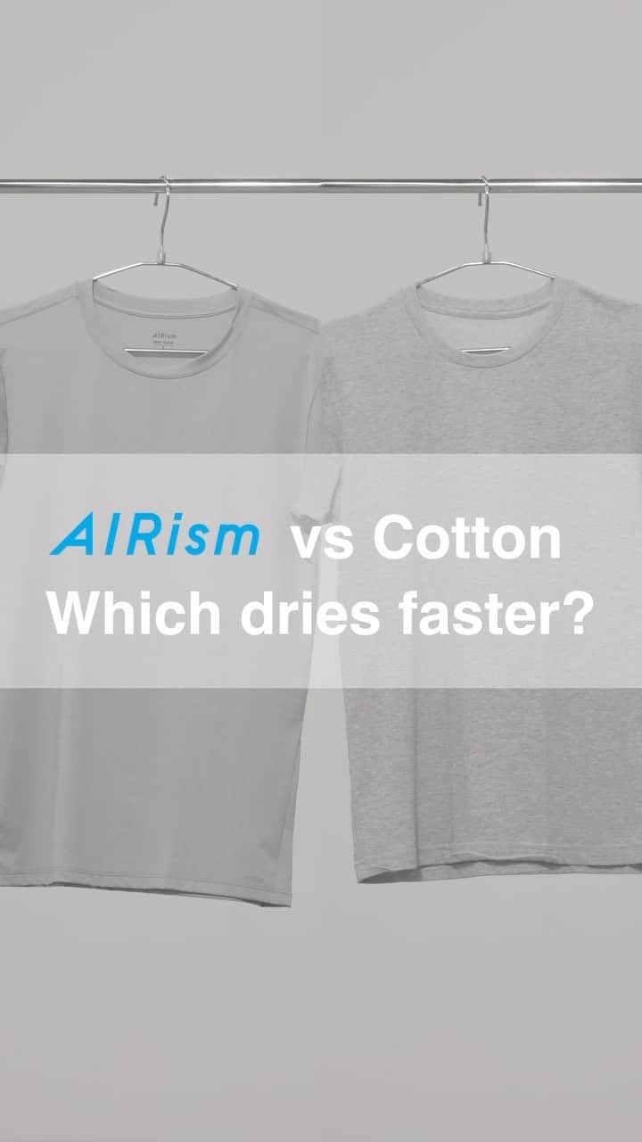 のインスタグラム：「🧪AIRism Experiment: Quick-drying comparison between #AIRism and Cotton T-shirt! #UNIQLO #LifeWear  *Tested by spraying the same amount of water. Drying time varies depending on conditions.」