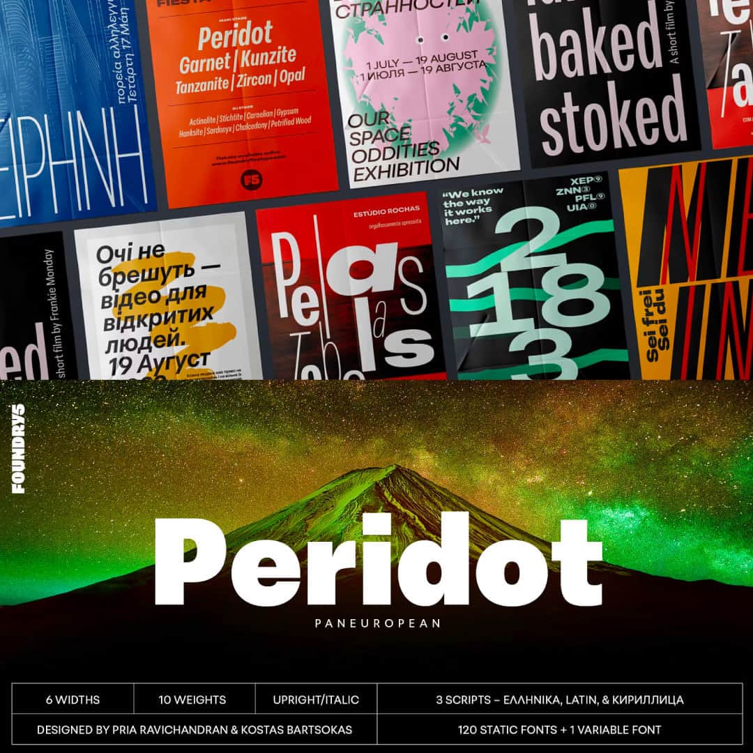 myfontsのインスタグラム：「🌟 Peridot is a versatile Sans Serif type by Foundry5!   This font is about personality—explore its diverse stylistic variants to set the perfect typographic tone, matching your every mood. With its wide range of widths and styles, Peridot becomes an exhilarating typographic palette, perfect for any designer. Experience the magic of Peridot and elevate your designs to new heights! 🚀💫  Shop on MyFonts and start exploring! #Typography #DesignInspiration」