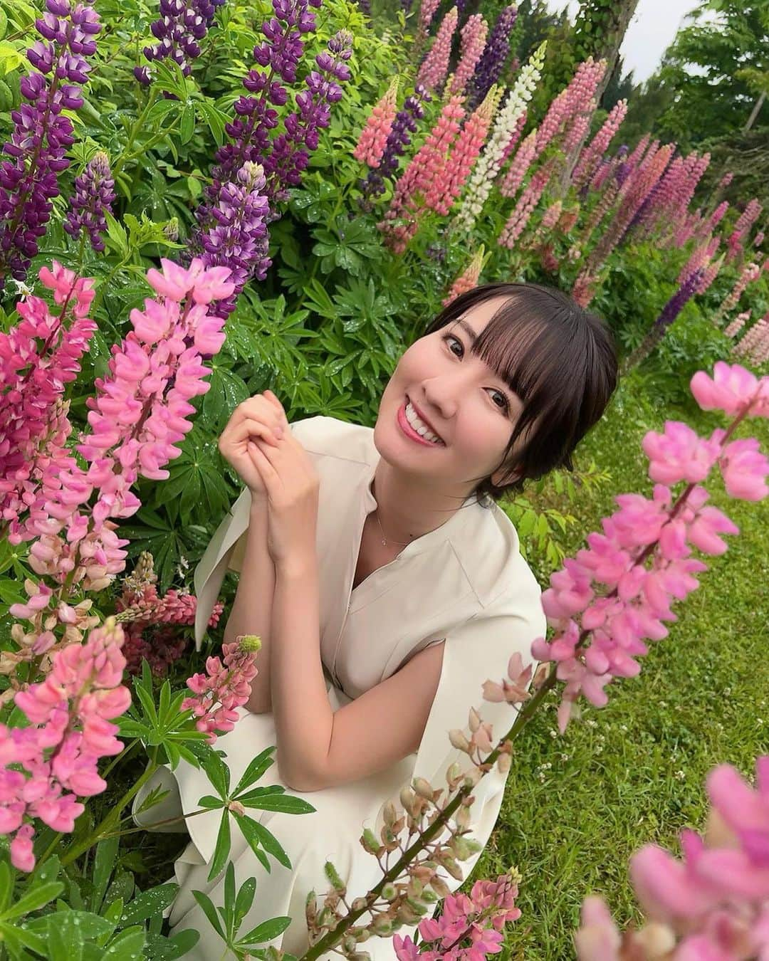 相場詩織のインスタグラム：「⁡ ⁡ 石田ローズガーデンの帰りに 北秋田市の北欧の杜公園にもお邪魔したところ 色鮮やかなルピナスが綺麗に咲いていました💐 ⁡ 北秋田市といえば、大平湖遊覧船の運航が始まるということで先日1日船長をつとめてきました🚢 ⁡ 冴えるような新緑の美しさに、湖上の心地よい風、思わず深呼吸したくなるような澄んだ空気にたっぷり癒されてきましたよ🍃 ⁡ 船から降りて森林浴を楽しみながら散策していくと… 三階滝が！！！！！ 動画で観ても凄い迫力ですが、生で観るとさらに圧巻です✨マイナスイオンを感じて気持ちよかったです☺️ ⁡ ちなみに軽装での入渓は危険です⚠️ 入渓する際は、天気を確認し、登山に適切な服装・装備をお願いいたします◎ ⁡ ⁡ 今月、秋田内陸縦貫鉄道は世界遺産 伊勢堂岱遺跡の最寄り駅 縄文小ヶ田駅 までの往復運賃が無料らしいので北秋田市おすすめです🥰　@renkeikyo_nairikuline   私もシンポジウムの司会でまた北秋田市にお邪魔する予定なので今からウキウキしています🎤」