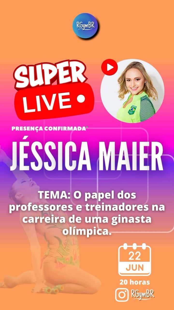 Jessica sayonara maierのインスタグラム：「🤩 Nossa CAPITÃ OLÍMPICA do Conjunto Brasileiro Rio 2016 estará presente por aqui! 🇧🇷  🔥 Jéssica Maier é presença confirmada na 🔴 𝑺𝒖𝒑𝒆𝒓𝑳𝒊𝒗𝒆: 𝑫𝒆 𝒇𝒆́𝒓𝒊𝒂𝒔 𝒄𝒐𝒎 𝑮𝒊𝒏𝒂́𝒔𝒕𝒊𝒄𝒂 𝑹𝒊́𝒕𝒎𝒊𝒄𝒂 🔴 aqui no canal @RGymBR  Ela, que dispensa apresentações em sua carreira como ginasta, vai marcar presença num bate-papo descontraído, trazendo um pouco da sua história e MUITO sobre Ginástica Rítmica para vocês!!  Estão preparados?! ✨ @sayonaramaier será a nossa PRIMEIRÍSSIMA participante! 📌 DIA 22 de junho, quinta-feira às 20h, aqui no nosso instagram!  Você não pode perder! ANOTA NA AGENDA E VENHA PRESTIGIAR A NOSSA CAMPEÃ!」