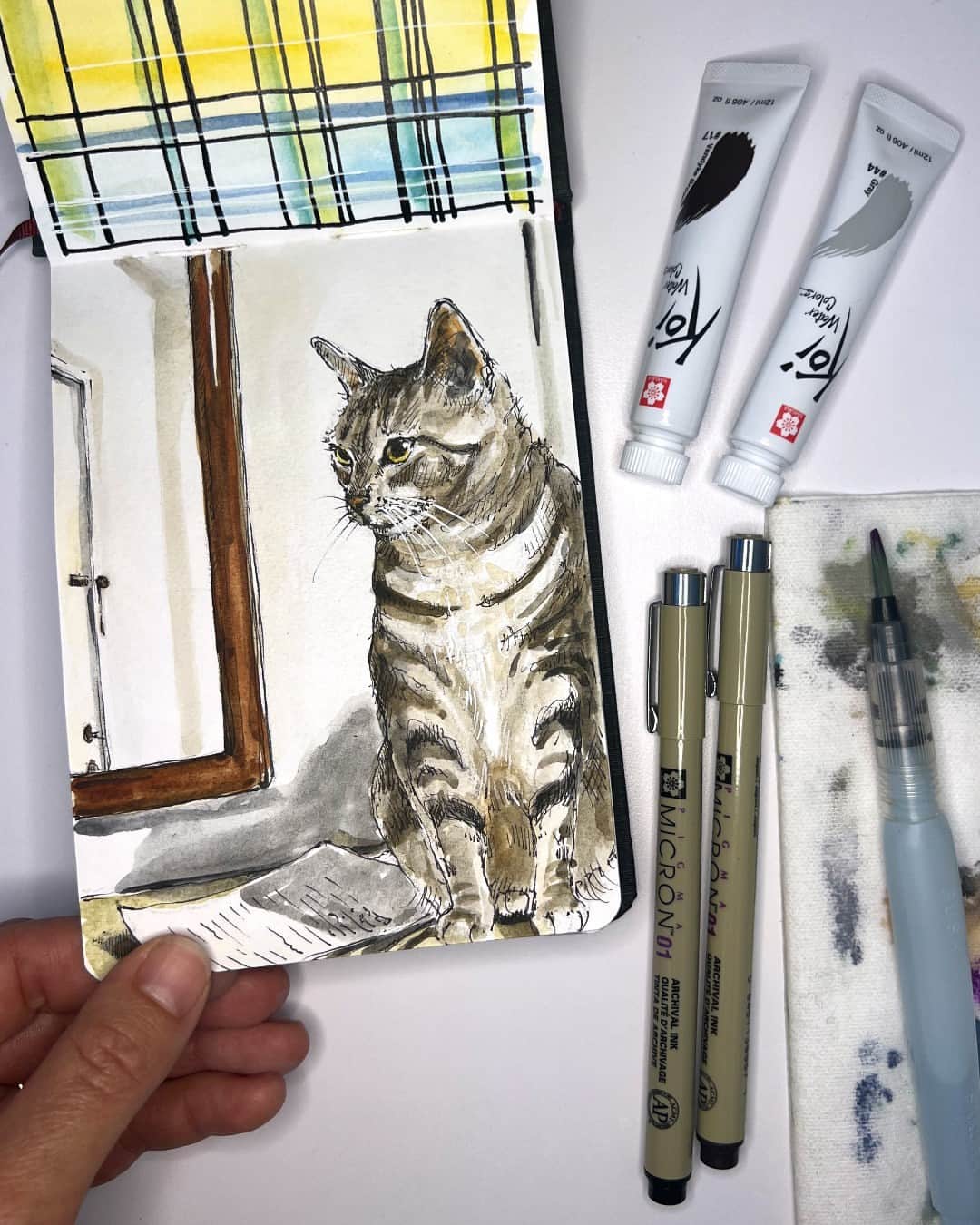 Sakura of America（サクラクレパス）のインスタグラム：「Hello everyone, it’s Samantha Dion Baker @sdionbakerdesign again. I love drawing the animals I meet, and recently fell in love with this rex cat while visiting a friend in Philadelphia. First, I sketched in very light pencil, and then inked the drawing using an 01 black Micron pen. I then finished the page using my Koi field sketch box and a few separate tubes of Koi watercolor paint in yellow ochre, gray, and Van Dyke brown.  I added the whiskers and a few furry details with a white Gelly Roll. You can see some of the stages of my process in these three slides.」