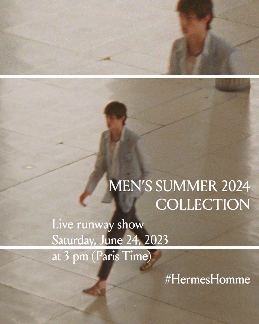 エルメスのインスタグラム：「Save the date. The men’s summer 2024 show will be streaming live on June 24, at 3 pm (Paris time).​  #LiveShow​​​ #Summer2024​ #ParisFashionWeek​​​ #PFW​​​ #HermesHomme​​​ #Hermes」