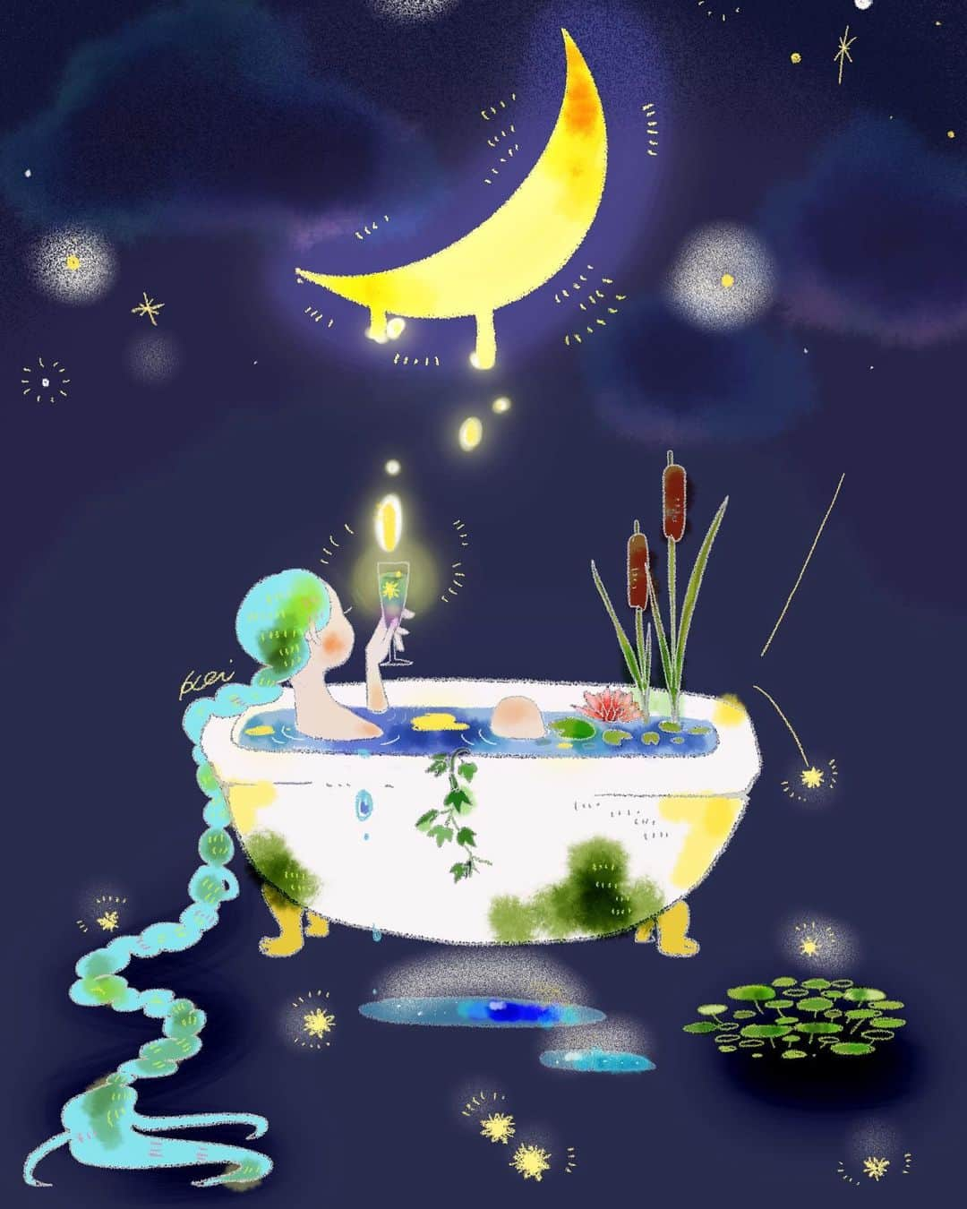 奥田 けいのインスタグラム：「🛀🌕🌱  とっっても久しぶりに自由に絵を描いた！楽しい （いつもはドタバタ👩‍👧‍👦でとてもかく余裕がない）  #illustration#illustrator #ipadpro」