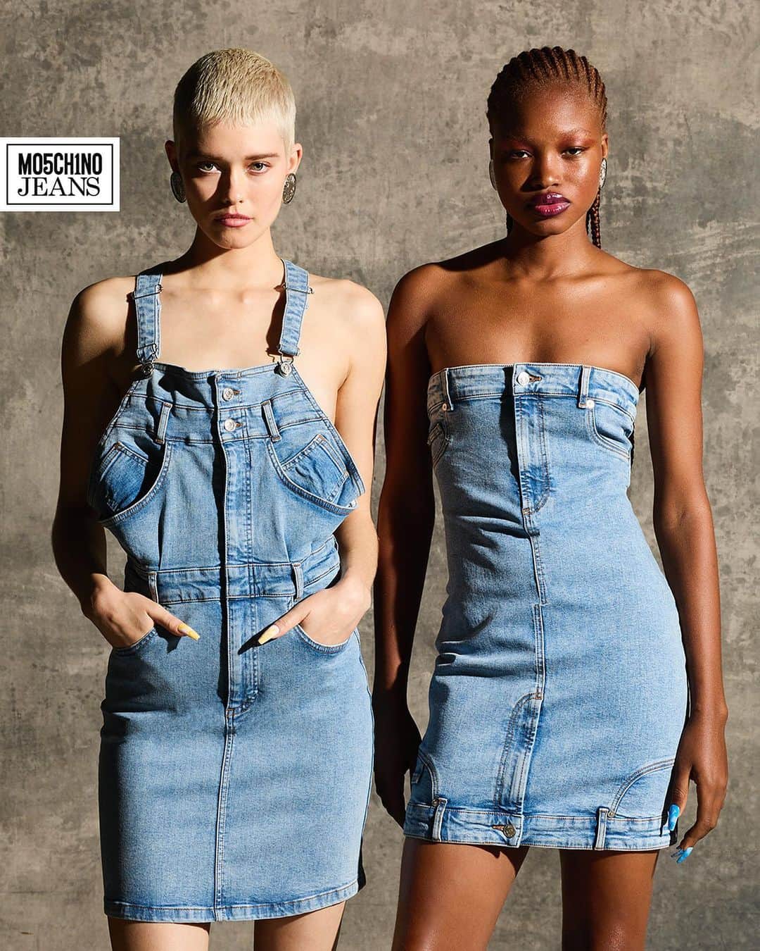 Moschinoのインスタグラム：「Who says denim has to be basic? Presenting M05CH1N0 JEANS – our new line inspired by the spirit and culture of fashion’s favorite fabric.   Get these looks at the link in our bio.   #Moschino #MoschinoJeans」