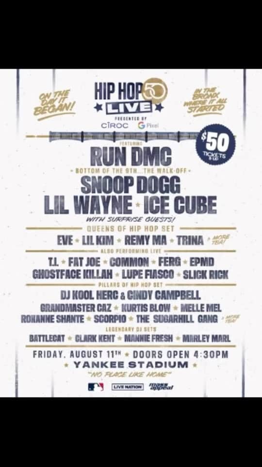 T.I.のインスタグラム：「🚨 August 11th 🔥 Kings Business...  We bringing it back to where it all started to celebrate Hip Hop’s 50th birthday, at Yankee Stadium in the Bronx. Legends unite on stage, tickets available now on Ticketmaster #TrapMuzik20 #HipHop50」