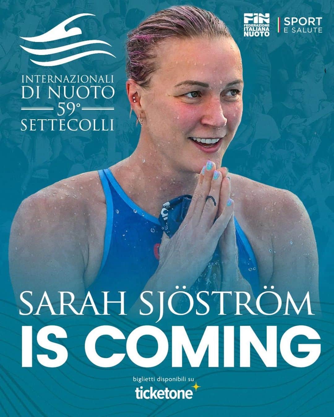 サラ・ショーストレムのインスタグラム：「Boom 💥  She’s the first one!   59º Settecolli 🗓️ 23-25 giugno 📍Stadio del Nuoto - Foro Italico 🎟️ Biglietti disponibili su Ticketone (link in bio) . . #nuoto #swimming #settecolli #rome #roadto」