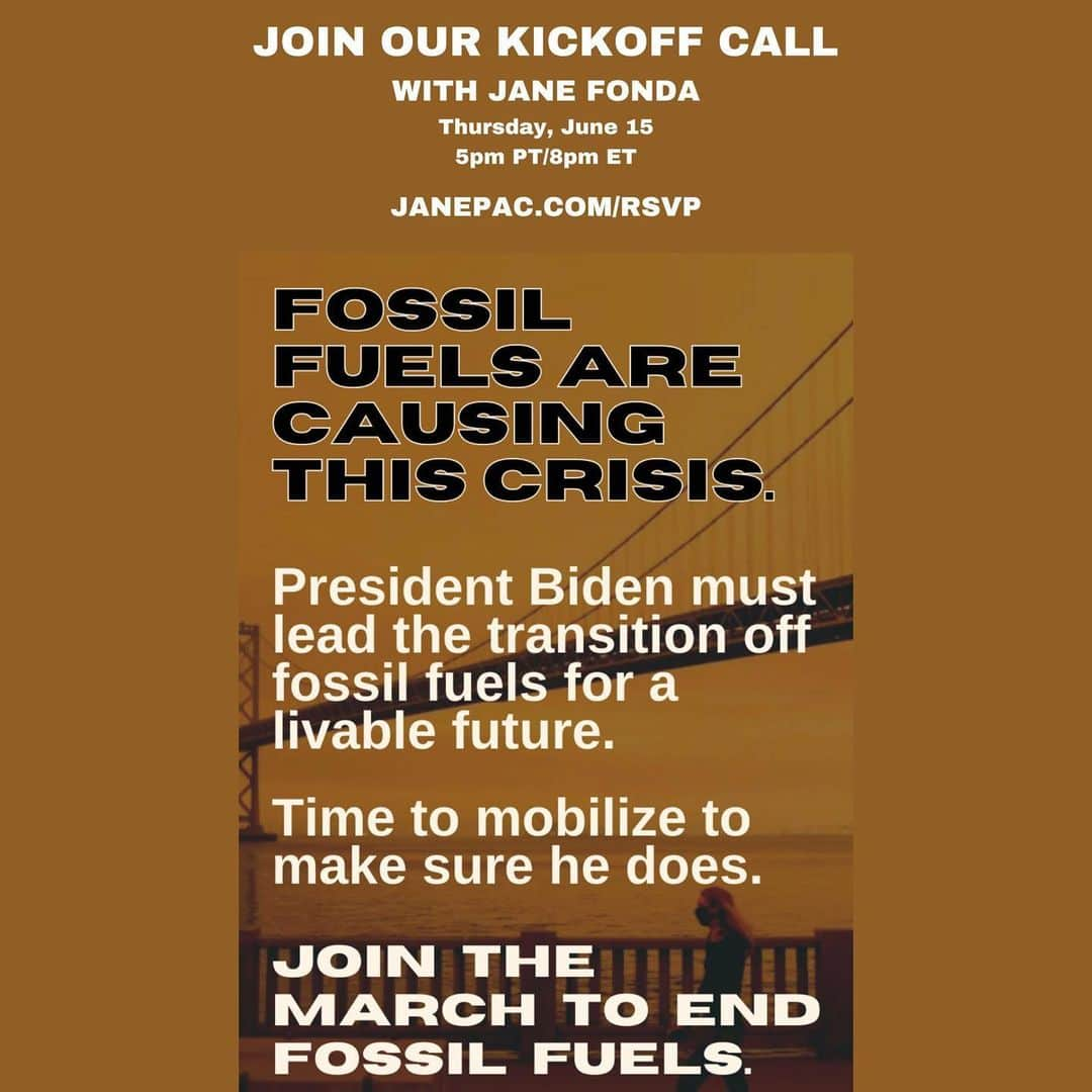 ジェーン・フォンダのインスタグラム：「President Biden has what it takes to be the climate leader he promised to be, but it will take all of us making our voices heard to make it happen.  Join us Thursday 8PM ET to learn more about the movement to do just that!  RSVP at LINK IN BIO」