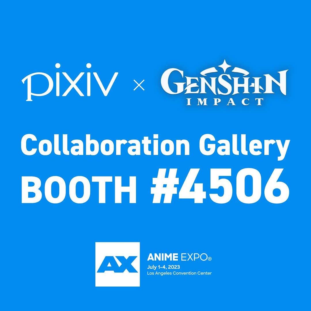 pixivのインスタグラム：「pixiv will be at #AX2023, July 1-4, Exhibit hall No. 4506 (in animate USA booth)! 🥳 . Stop by our collaboration gallery with Genshin Impact , exhibiting amazing official key visuals provided by Genshin Impact, as well as a collection of beautiful fan-art carefully hand-picked by pixiv. . The fan art area of the booth will host live drawing sessions of Genshin Impact fan art by Modare(twi: jeonghee1414) and Oshioshio(twi: oshioshio_info). . For each artist, autograph signing sessions at Kentia Hall and Industry Panel at Room 408 will be hosted as well. . More: bitly.ws/Iv4L」