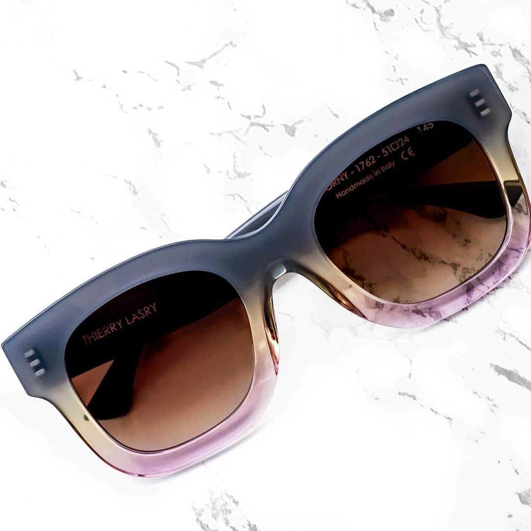 のインスタグラム：「the THIERRY LASRY “UNICORNY” sunglasses in gradient grey / honey & pink acetate w/ gradient brown lenses #thierrylasry #handmadeinitaly」