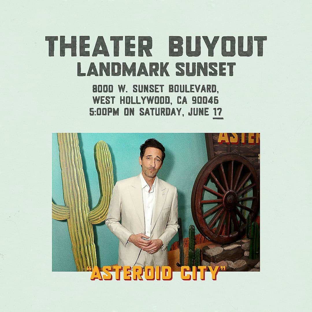 エイドリアン・ブロディのインスタグラム：「🌵🏜☄️ Hey junior star gazers and space cadets, my new film, #AsteroidCity opens in NY/LA this weekend! To celebrate I’m buying out a screening in LA! 🎥 ✨ Come have some fun Saturday June 17 at 5pm PT @ The Landmark Theatres Sunset  Sign up here to reserve a seat: https://bit.ly/AsteroidAdrien」