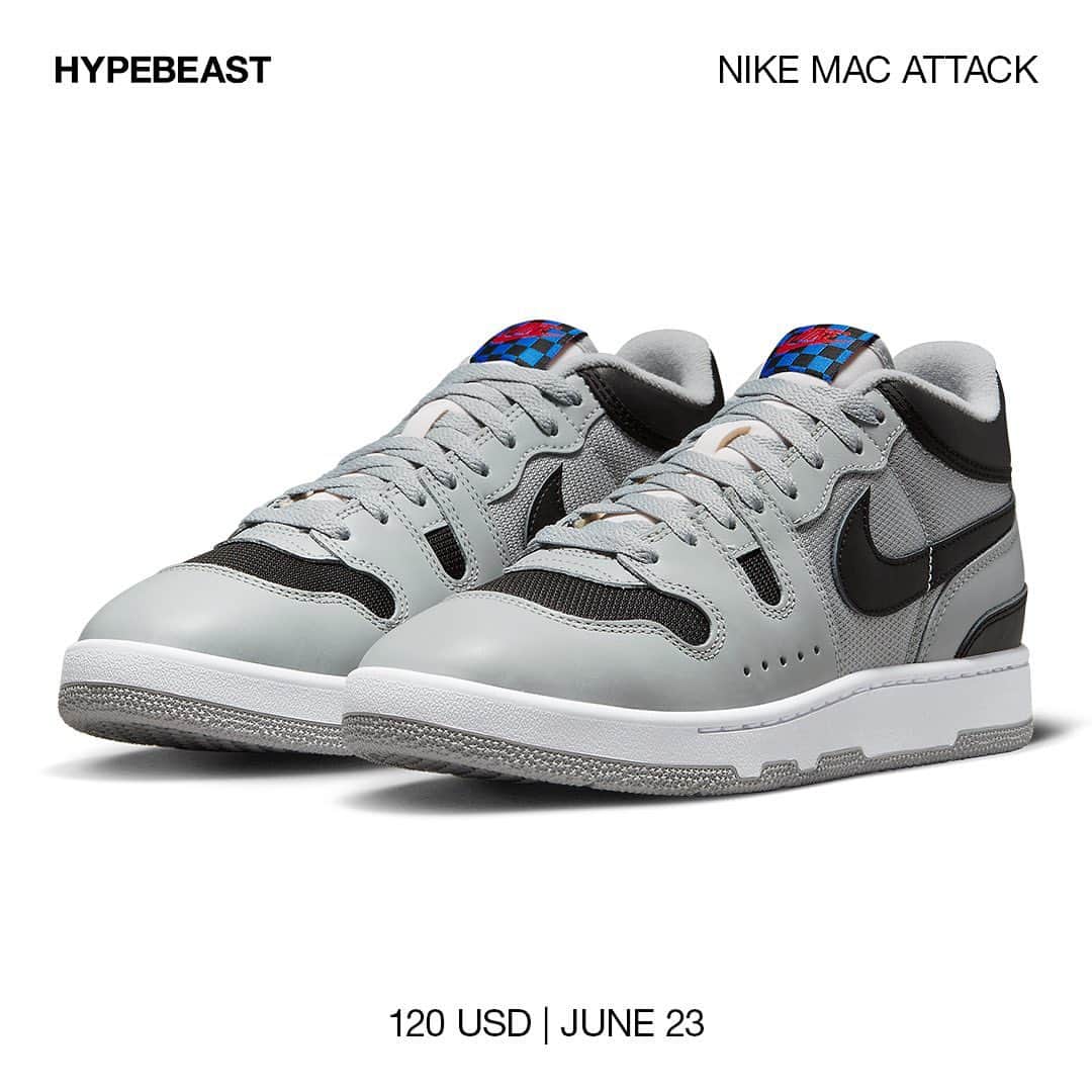 HYPEBEASTさんのインスタグラム写真 - (HYPEBEASTInstagram)「@hypebeastkicks: First appearing in March, the revived @nike Mac Attack is ready to hit shelves once again. Following a campaign reveal featuring Travis Scott and the legendary John “Johnny Mac” McEnroe himself, Nike has officially showcased the “OG” colorway.⁠ ⁠ Its upper build is formed with mesh underlays and smooth leather overlays, both of which are treated with a light gray hue. Black accents then infiltrate the Swooshes, mesh toe boxes, as well as the leather collars and lower heels. Tongues are devised with black and blue checkerboard banners and come stamped with a bold red Nike Sportswear logo.⁠ ⁠ Release is set for June 23 at a price of $120 USD.⁠ Photo: Nike」6月15日 23時38分 - hypebeast