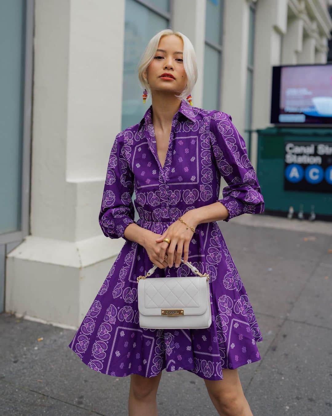 Yukiのインスタグラム：「Am I a New Yorker yet? Living in NY has been a roller coaster but overall, fulfilling. Vlogs coming soon 😉  Earrings & Dress by @majeparis (I'm wearing size 36) Bag by @chanelofficial via @luxedujour」