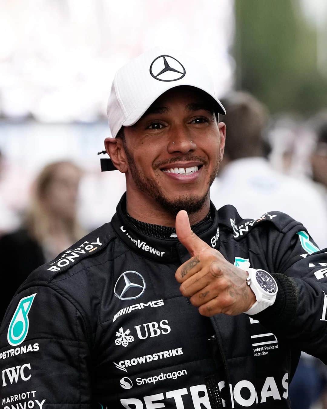 IWCのインスタグラム：「@lewishamilton spotted with our Big Pilot Perpetual Calendar in its immaculate Lake Tahoe white ceramic. Stay tuned for more information on our latest drop. #IWCpilot #IWCspotted」