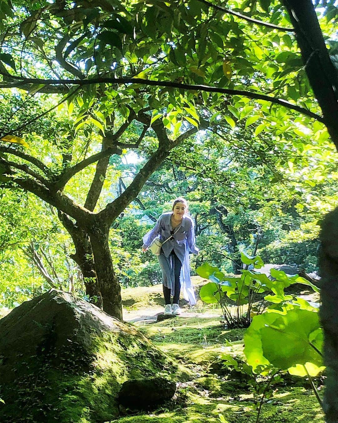 黒澤はるかさんのインスタグラム写真 - (黒澤はるかInstagram)「仙巌園🪿  ゆったりとした時間が流れてた。  写真には映らない緑の豊富な輝きの中から顔を出してみたり。  紫色の服で紫色のソフトクリームを食す共食いをしてみたり。  公園や池の上によくいるふわふわと飛ぶ小さな虫の群れは、キラキラと光を浴びて可愛いらしく見えたり。  大木に正しい姿勢を教えてもらったり。  堂々たる桜島の前で、切株のにおいを執拗に嗅いでみたり。  私の知らない時の流れを感じられました。  🐦 趣ある景色が沢山広がっていて、思っていたよりもかなり敷地が広く隠れた発見が沢山できそうだったので、もう少したっぷりと時間をとって訪れたかったなぁ〜」6月15日 16時33分 - haruka_offi