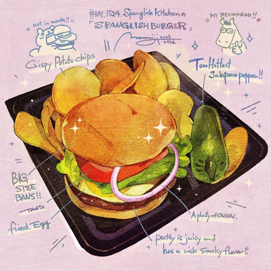 もみじ真魚さんのインスタグラム写真 - (もみじ真魚Instagram)「『#DAY1524/「SPANGLISH BURGER」』  もみじ真魚/MaoMomiji 2023年6月15日 00:58  I have arrived in the U.S. and I'm going to eat a hamburger ASAP! I arrived safely in Los Angeles! The first meal upon arrival was a hamburger, and it was at a restaurant called Spanglish, which is a mix of "Spanish" and "English," but basically Mexican food. However, I was introduced to a place that serves extremely delicious hamburgers. The burgers had savory meat, lots of fresh veggies, and authentic spicy jalapenos. I felt like I've come to America, and I'm looking forward to tomorrow too!  「アメリカに到着したから、早速ハンバーガーを食べる！」 ロサンゼルスに無事到着しました！到着一食目はやっぱりハンバーガー、スパングリッシュという「スペイン」と「イングランド」を混ぜて、でも基本はメキシコ料理のお店。しかしハンバーガーがめちゃ旨い店を紹介してもらいました。香ばしいお肉に、たくさんのフレッシュベジタブル、そして本場の辛すぎるハラペーニョ。アメリカにやってきたなーーと実感しました、明日からも楽しみすぎる！！  '我们已经到了美国，我们要去吃个快餐汉堡！' 我安全抵达了洛杉矶！"！ 抵达后的第一餐仍然是汉堡包，在Spanglish，一家混合了'西班牙语'和'英语'的餐厅，但基本上是墨西哥食品。 然而，我被介绍到一个地方，那里的汉堡包真的很好吃。 肉是咸的，有很多新鲜蔬菜，而墨西哥辣椒对我来说太辣了。 我感觉自己来到了美国，我也期待着明天的到来!  '¡Hemos llegado a EE.UU. y vamos a comer una hamburguesa rápida!' ¡He llegado sano y salvo a Los Ángeles! La primera comida al llegar sigue siendo una hamburguesa, en Spanglish, un restaurante que mezcla 'español' e 'inglés', pero que es básicamente comida mexicana. Sin embargo, me presentaron un lugar donde las hamburguesas son realmente buenas. La carne era sabrosa, había muchas verduras frescas y los jalapeños eran demasiado picantes para mí. Me sentí como si hubiera llegado a América, ¡y también estoy deseando que llegue mañana!  #日刊ごはんが好き #foodie #foodieart #dailyilovefood  #毎日更新 #foodillustration #fooddrawing #もみじ真魚 #maomomiji #飯テロ #美食 #humberger #burger #spanglish」6月15日 17時02分 - maomomiji