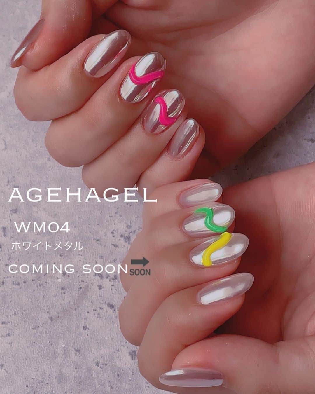 agehaのインスタグラム：「新商品♡チラ見せ  #agehagel  #ホワイトメタルパウダー  WM04  coming soon😍🔜  鏡みたいな ホワイトシルバー系 凄い！！って、 思わず言ってしまう ミラー感もオススメです♡  #7月発売の新商品 #agehagel」