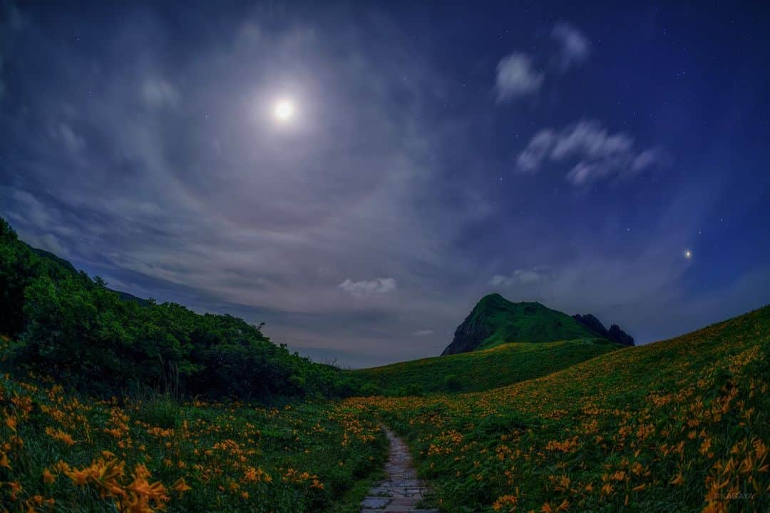 KAGAYAさんのインスタグラム写真 - (KAGAYAInstagram)「佐渡の月暈。 トビシマカンゾウが咲く季節、心地よい月夜に見た夢のような光景。 （先日、新潟県佐渡島にて撮影） 今日もお疲れさまでした。  #moon #星空 #starphotography #sonyalpha #α7rv #佐渡島 #佐渡」6月15日 21時45分 - kagaya11949