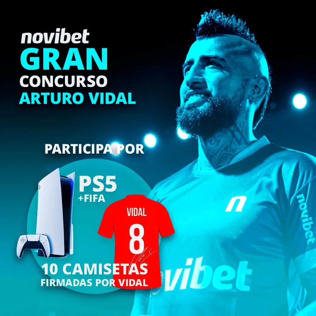 アルトゥーロ・ビダルのインスタグラム：「Este mes, Novibet te regala una PS5 🎮 con el FIFA 23 ⚽ o una de las 10 camisetas de la selección firmadas por mi.   ¿Qué estás esperando?, sigue a @novibet_chile 🇨🇱 y participa por uno de los premios que Novibet tiene para ti. ¡Buena suerte 🍀!  Novibet, juega en la nueva era.」