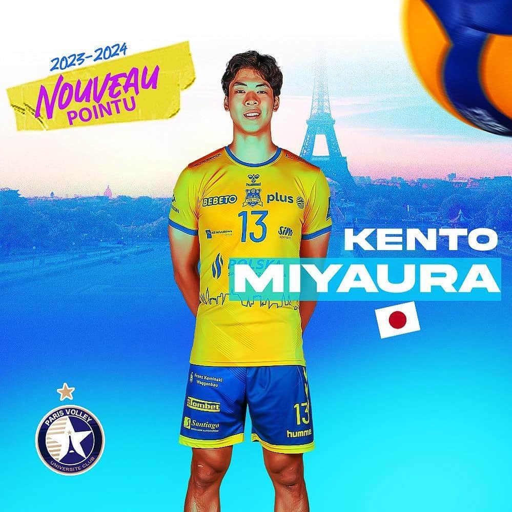 のインスタグラム：「✨𝘒𝘦𝘯𝘵𝘰 𝘔𝘪𝘺𝘢𝘶𝘳𝘢 🇯🇵  @miyaurakento est le nouveau pointu du Paris Volley !!  Après @taichiro_19 lors de la saison 2016-2017 et @1tatsu5 (2019-2021), un nouveau japonais jouera donc à Charpy la saison prochaine !  Actuellement avec l’équipe nationale pour la #VNL, Kento a montré tout son talent face à l’équipe de France il y a quelques jours en finissant avec 13 points au compteur, et la victoire en prime ! 🙌🏼  Avec ses 1m90, Kento Miyaura est un joueur technique, spectaculaire et explosif ! 💥  À 24 ans, le gaucher pourrait être une des révélations de LAM.  Yōkoso Kento ! 🔥🇯🇵  Ensemble, PARIS ! 🔵🏐🟣  🎨 : @dixuit  @japan.volleyball @jva_volleyball @lnv_officiel @volleyballnationsleague @ligue_a_fan @lesfenixparis   #kento #miyaura #pointu #opposite #japon #international #gaucher #jumper #technique  #2023-2024」