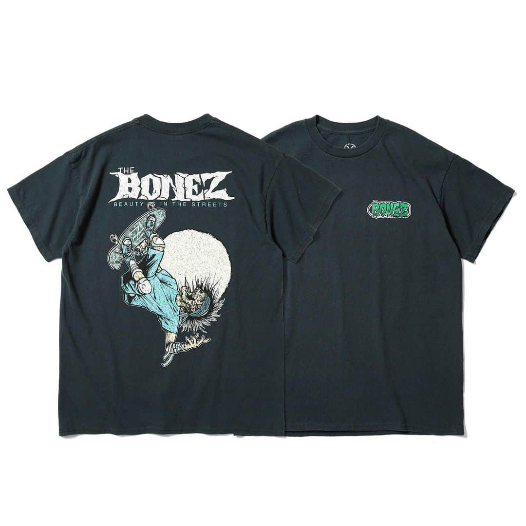 のインスタグラム：「【Fes Goods info】 The BONEZ Damaged Skate Tee PRICE:¥6,000- (in tax)  お馴染みMantalow氏による描き下ろし シルクスクリーンでの多刷りとウォッシュ加工、80'sオールドスケートTeeの雰囲気を出すために拘りまくりました  6/17  #SATANICCARNIVAL2023 より販売開始！  #thebonez   #sataniccarnival」