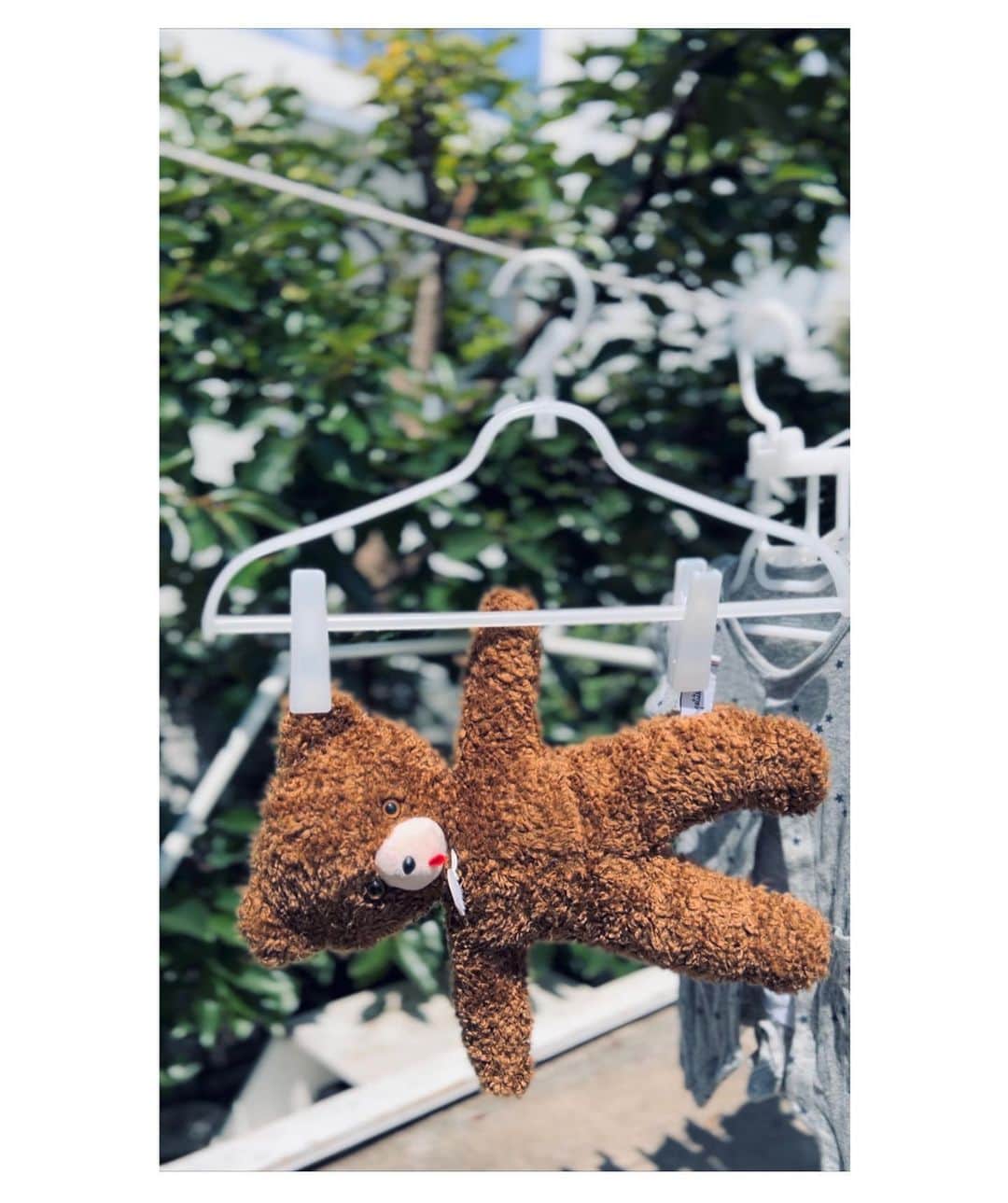 山本真由美のインスタグラム：「. .  梅雨の晴れ、ま🧸🧺🫧 . . I did the laundry during the rainy season.  Baby clothes are so small and cute. The teddy bear  is desperately caught in the hanger.🏋️haha . .」