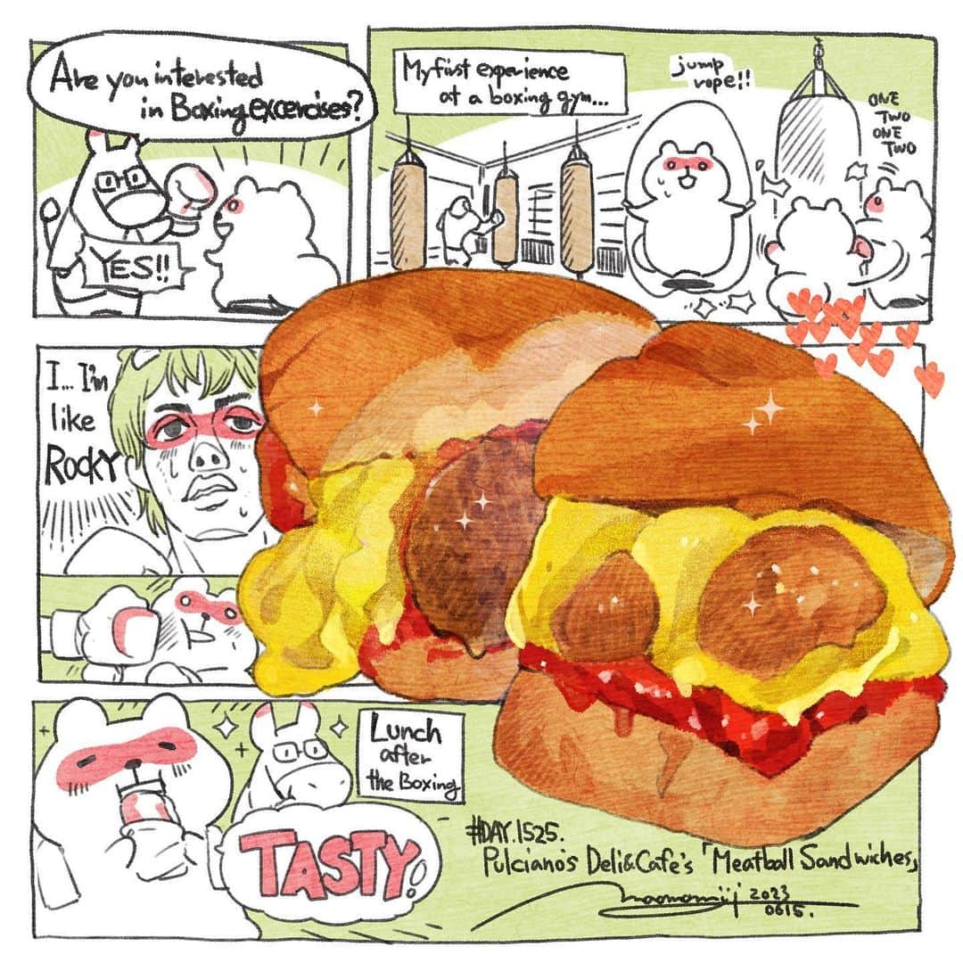 もみじ真魚さんのインスタグラム写真 - (もみじ真魚Instagram)「『#DAY1525/「MEATBALL SANDWICHES」』  もみじ真魚/MaoMomiji 2023年6月15日 23:44  My first boxing experience." A gallery owner told me that he enjoys boxing exercise, so I joined him. This was my first boxing experience,..! The combination of jabs, hooks, uppercuts, etc., and the experience of punching a sandbag was very fresh and fun! The people at the gym were very kind to me and I really appreciated it. This trip to the U.S. has always been filled with kindness. I am so grateful, and I want to return the favor in some way.  「初めてのボクシング体験」 オーナーさんがボクシングエクササイズが趣味とのことで、ご一緒させていただきました。ボクシングは初めての経験、、、！ジャブとフック、アッパーなどのコンビネーションや、サンドバックを殴る経験はとても新鮮で楽しかったーー！ジムの人たちもすごく優しくしてくれて本当にありがたかったです。今回の渡米は常に優しさに包まれております。感謝感激です、何らかの形で返したいですね。  我的第一次拳击经历 画廊老板告诉我，拳击运动是他的一个爱好，所以我加入了他。 这是我第一次体验拳击，...! 刺拳、勾拳和上勾拳的组合以及打沙袋的体验非常新鲜和有趣! 健身房的人对我非常友好，我真的很感激。 这次美国之行一直都充满了善意。 我非常感激，我想以某种方式回报他们。  Mi primera experiencia con el boxeo El galerista me dijo que practicar boxeo era una de sus aficiones, así que me uní a él. Fue mi primera experiencia de boxeo. La combinación de jabs, ganchos y uppercuts y la experiencia de golpear un saco de arena fue muy fresca y divertida. La gente del gimnasio fue muy amable conmigo y lo agradecí mucho. Este viaje a EE UU siempre ha estado lleno de amabilidad. Estoy tan agradecido que quiero devolverles el favor de alguna manera.  #日刊ごはんが好き #foodie #foodieart #dailyilovefood  #毎日更新 #foodillustration #fooddrawing #もみじ真魚 #maomomiji #飯テロ #美食 #sandwich #meatballs #pulcianos」6月16日 15時54分 - maomomiji
