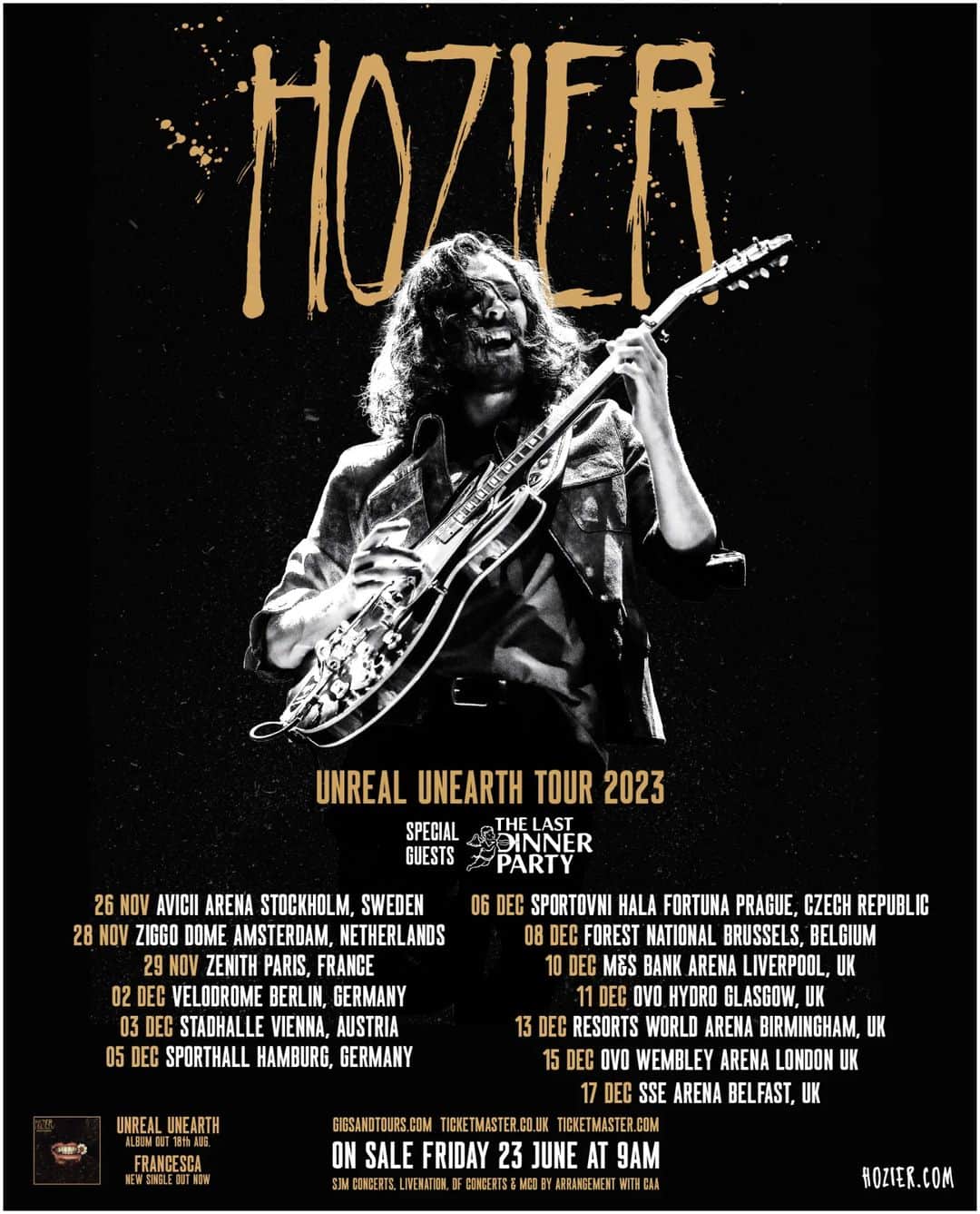 ホージアのインスタグラム：「Thrilled to announce my Unreal Unearth European tour dates with special guests @TheLastDinnerParty.   Tickets are on sale next Friday 23 June at 9am!   🖤 (link in story)」