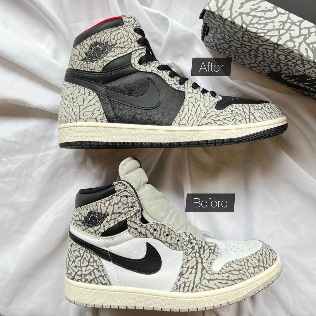 Sneaker At Randomのインスタグラム：「AJ1 WHITE CEMENTをベースにセメント柄を活かしDUNK SBの名作のカラーパターンカスタム  ご希望のデザインがありましたらお気軽にご相談ください！  #sneakeratrandom#スニーカーアトランダム#junkyard#ジャンクヤード#sneaker#スニーカー#スニーカー修理#スニーカーカスタム#市川#本八幡#梅田#阪神梅田本店#高円寺#心斎橋#angeluspaint#アンジェラスペイント#arata#アラタ」