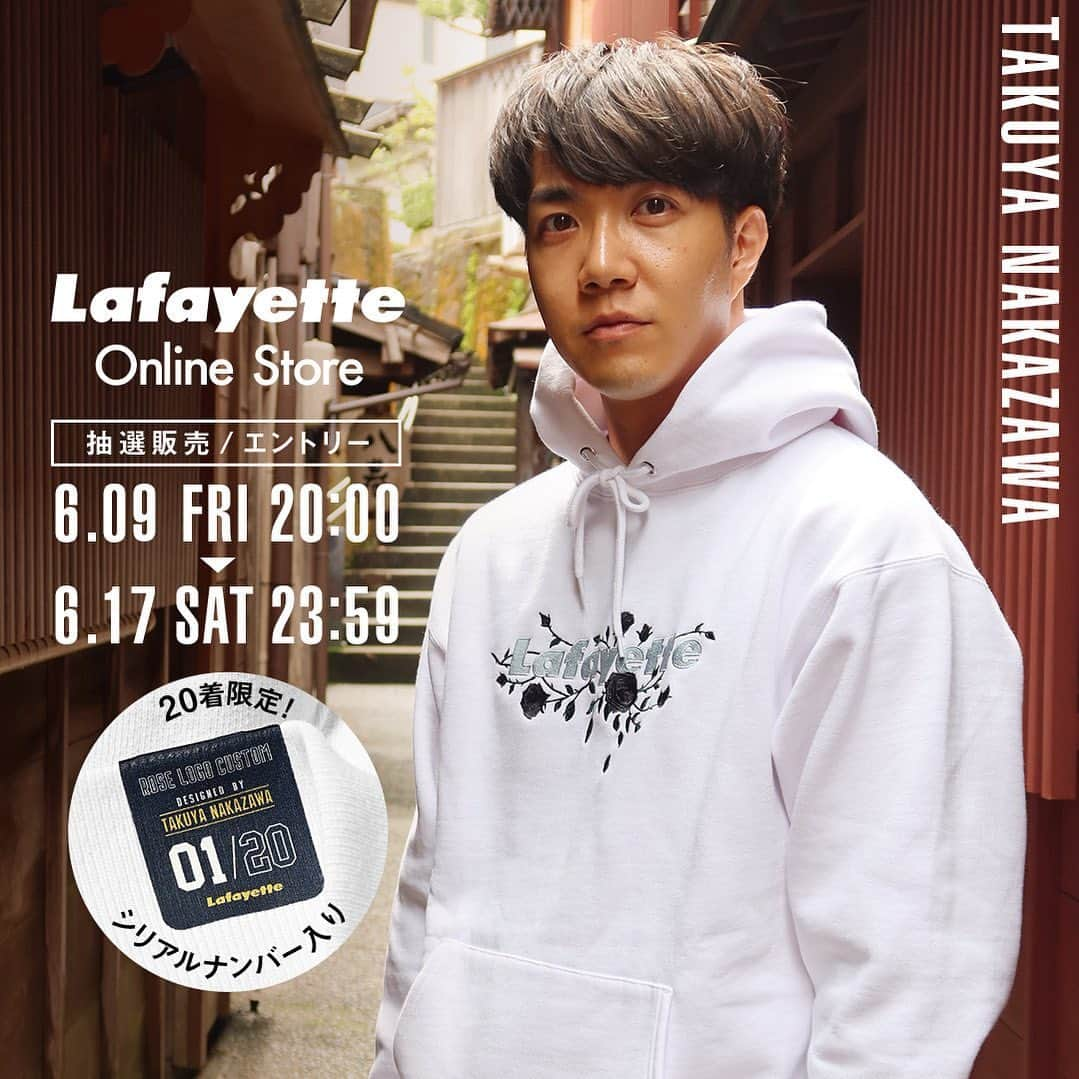 中澤卓也さんのインスタグラム写真 - (中澤卓也Instagram)「【ROSE LOGO CUSTOM HOODIE Special Edition】 6/9(金)20時よりLafayette特設サイトにて抽選販売スタート！！ @lafayette_nyc  @lafayette_online_store   ------------  先日開催されたLafayette 20th anniversary POP UP SHOPにて 行われた企画「ROSE LOGO CUSTOM HOODIE」を中澤卓也が実際にカスタム提案したカラーを、20着限定で抽選販売することが決定！ 「ROSE LOGO CUSTOM HOODIE」をいち早くゲットするチャンスであることは さることながら、今回販売分はブランド初となる"シリアルナンバー入り”のスペシャルエディション！ 包装もスペシャルボックスに入った、メモリアルイヤーにふさわしい逸機会に。  ------------ ー抽選販売概要ー  【抽選エントリー期間】 2023年6月9日(金)20:00～6月17日(土)23:59  【当選発表】 2023年6月18日(日)12:00以降の予定  【配送予定】 2023年6月19日(月)以降の予定 ※発送が前後する場合がございます。  ------------  #lfyt #lafayette #ラファイエット #lafayettecrew」6月16日 19時44分 - takuya_nakazawa.118