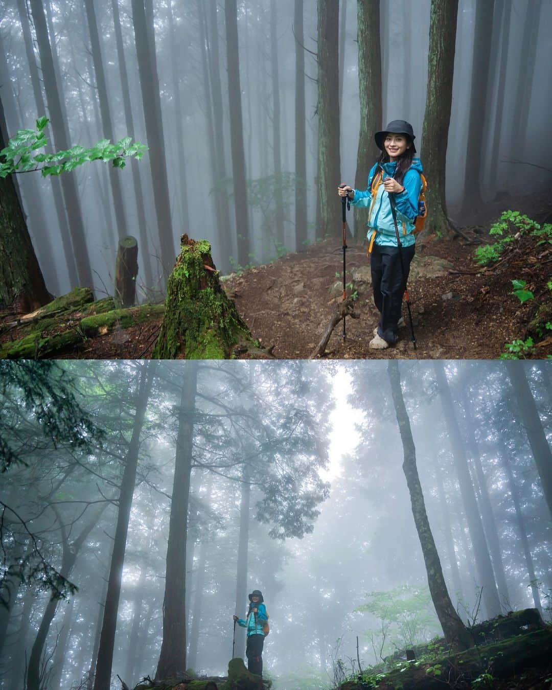 ロンモンロウさんのインスタグラム写真 - (ロンモンロウInstagram)「大自然との親密な接触は本当に素晴らしいです。森の中で深呼吸をすると、空気が甘いような気がします。霧の中を歩くのは夢のような感覚で、とにかく不思議な体験です。3枚目の写真では、私はかっこつけています。  📷 @wufenglin1004  🧥👖： @thenorthfacejp  and @uniqlo_jp  🎒： @ospreypacks   @blackdiamond   #奥多摩 #山 #山登り #登山 #登山コーデ #登山女子 #山ガール #山ガールファッション #アウトドア #アウトドアファッション #outdoor #nature #爬山 #健行  #川苔山百尋ノ滝  #川苔山」6月16日 20時42分 - ronmonroe_official