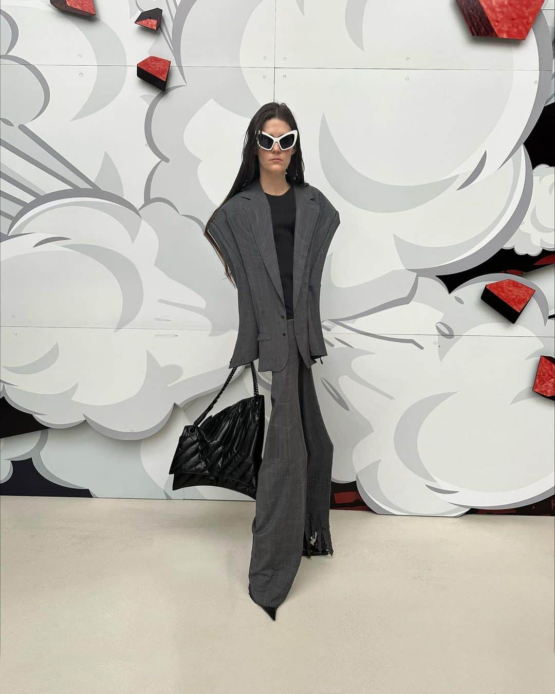 Balenciagaのインスタグラム：「Fall 23 Skater Tailored Jacket, Tailored Pants, Crush Bag, Bootie, and Monaco Cat Sunglasses   Available in stores and on balenciaga.com」