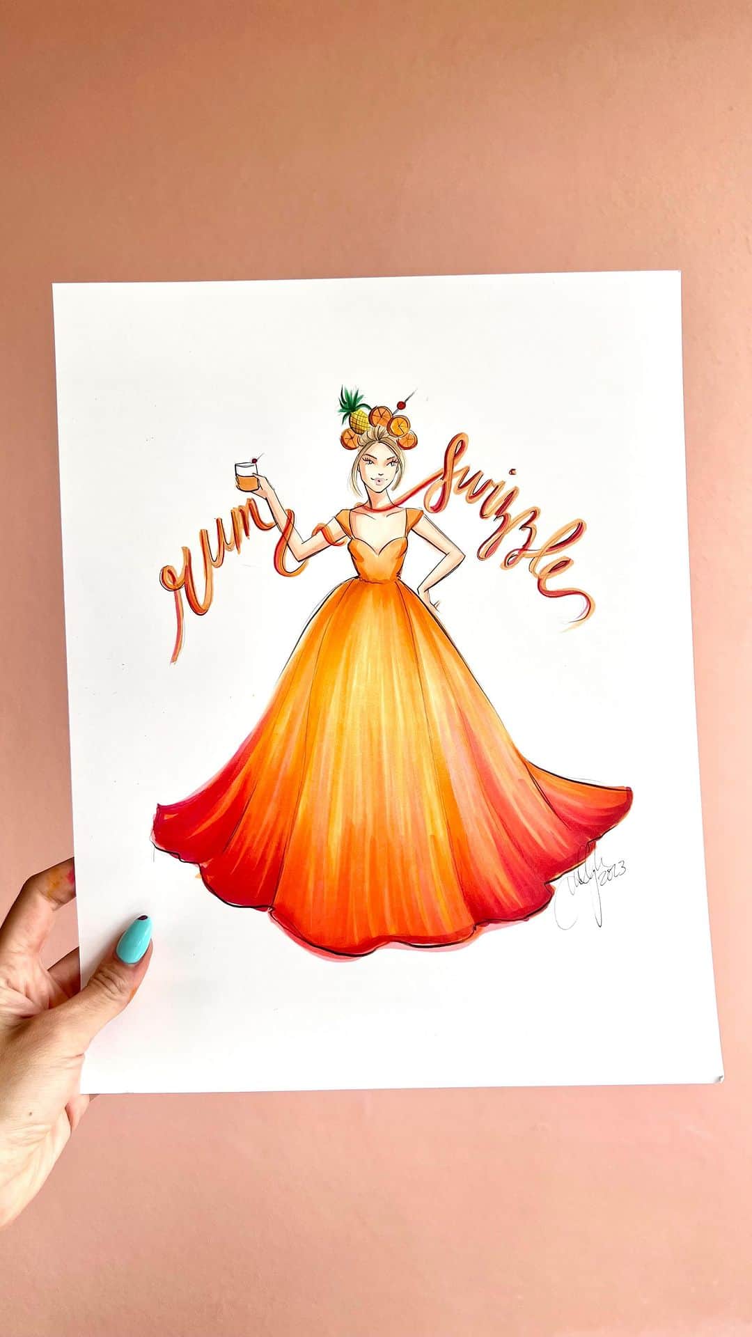 Holly Nicholsのインスタグラム：「A Bermuda rum swizzle 😊🇧🇲🍹 @princessbermuda @bermuda #bermuda #fashionillustration #asmr #copicmarkers #rumswizzle #visitbermuda」